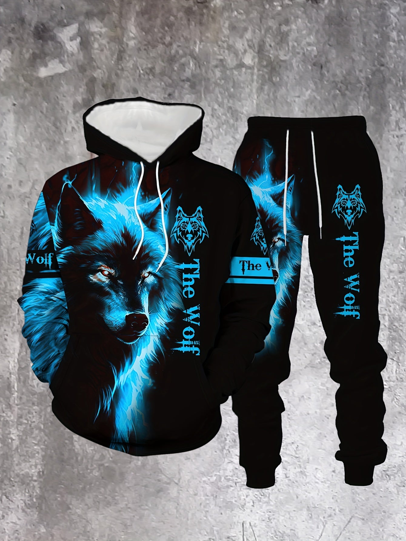Men'S Wolf Print Hooded Sweatshirt and Joggers Set, Casual Polyester Knit Fabric, Slight Stretch, Regular Fit, Comfortable Long Sleeve Pullover for Spring/Fall, Weekend Casual Wear