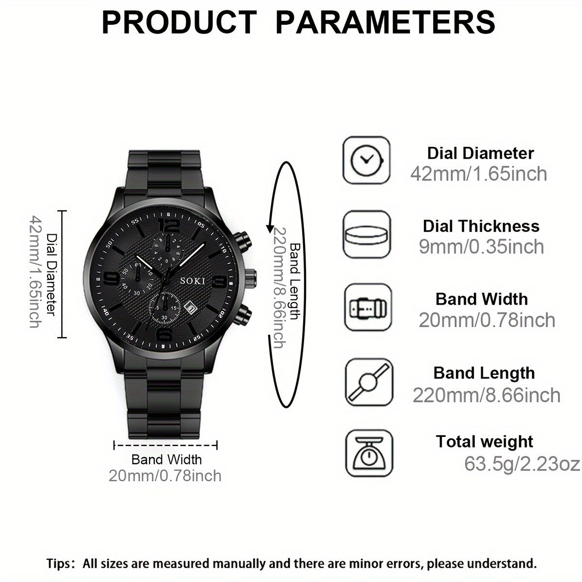 SOKI Men'S Casual Quartz Watch Set, 4pcs, Round Dial, Alloy Case, Stainless Steel Strap, Pointer Display, Calendar Feature, Non-Waterproof, Electronic Movement, Battery Powered, with Silvery Cross Pendant Necklace Ring Bracel