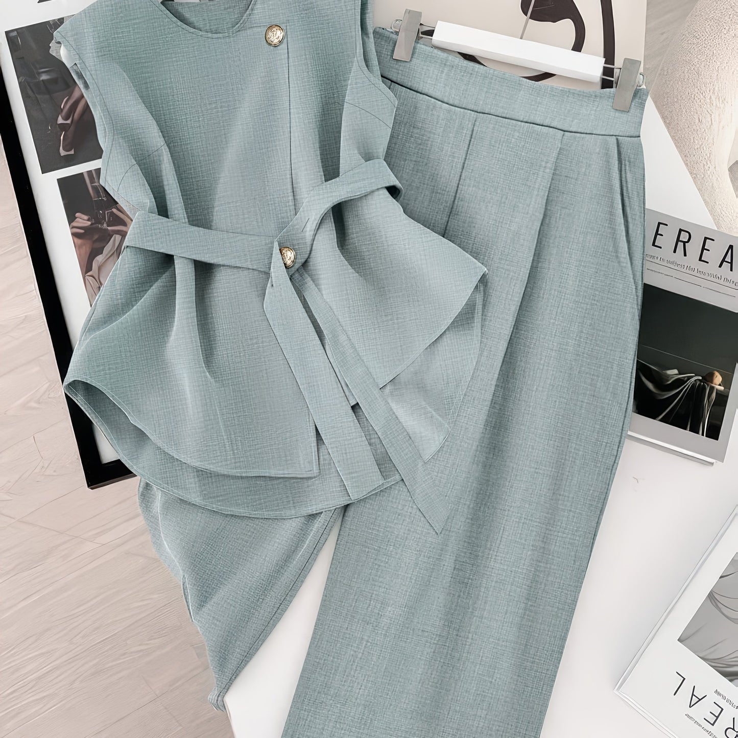 Stylish Design Solid Color Top and Wide-Leg Pants Set, Elegant Outfit