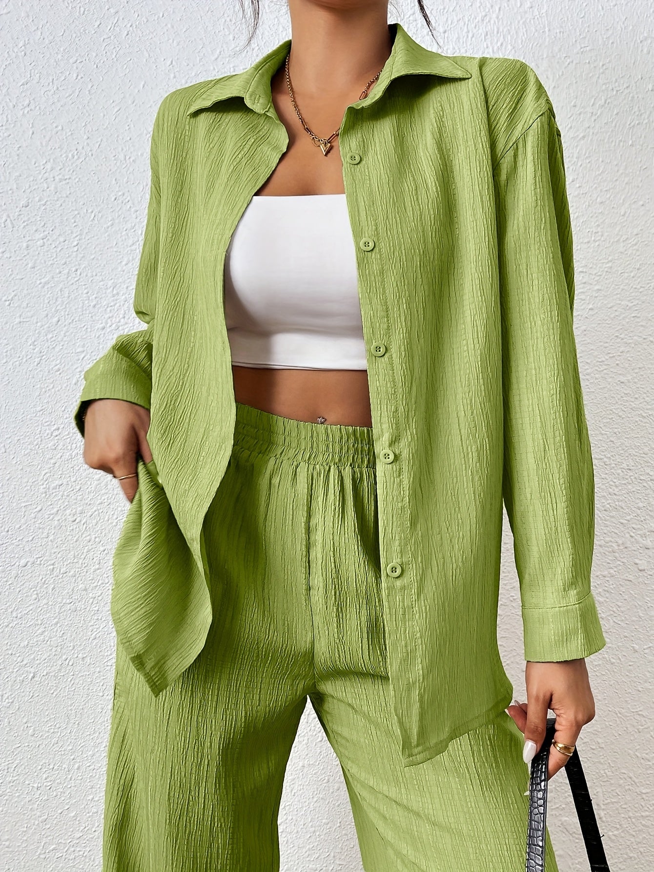 2pcs Women Spring & Autumn Casual Solid Color Long Sleeve Shirt And Pants Set
