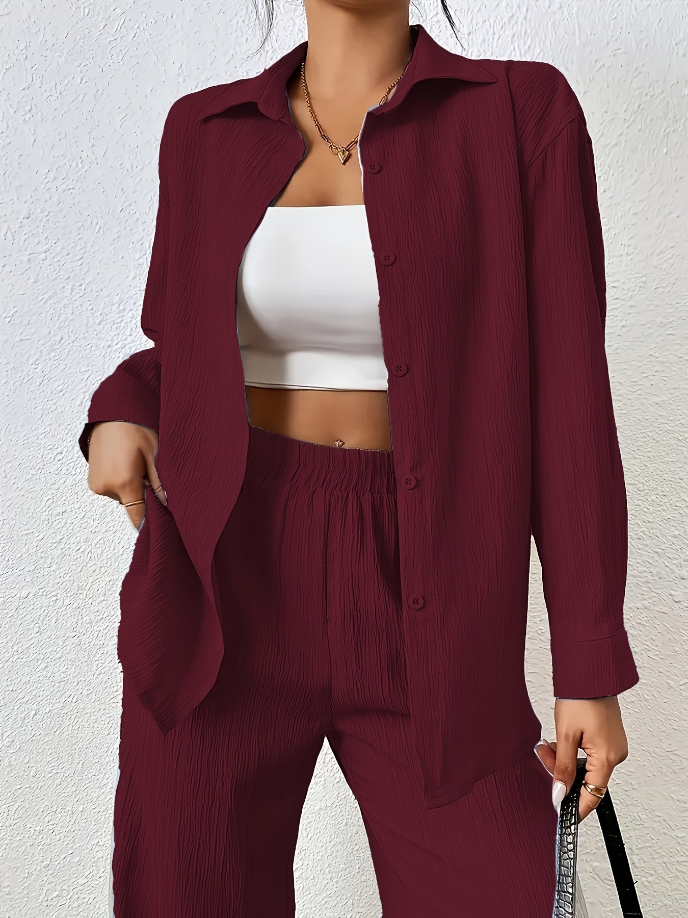 Women'S Casual Solid Color Long Sleeve Shirt + Long Pants 2pcs Set for Spring And Autumn.