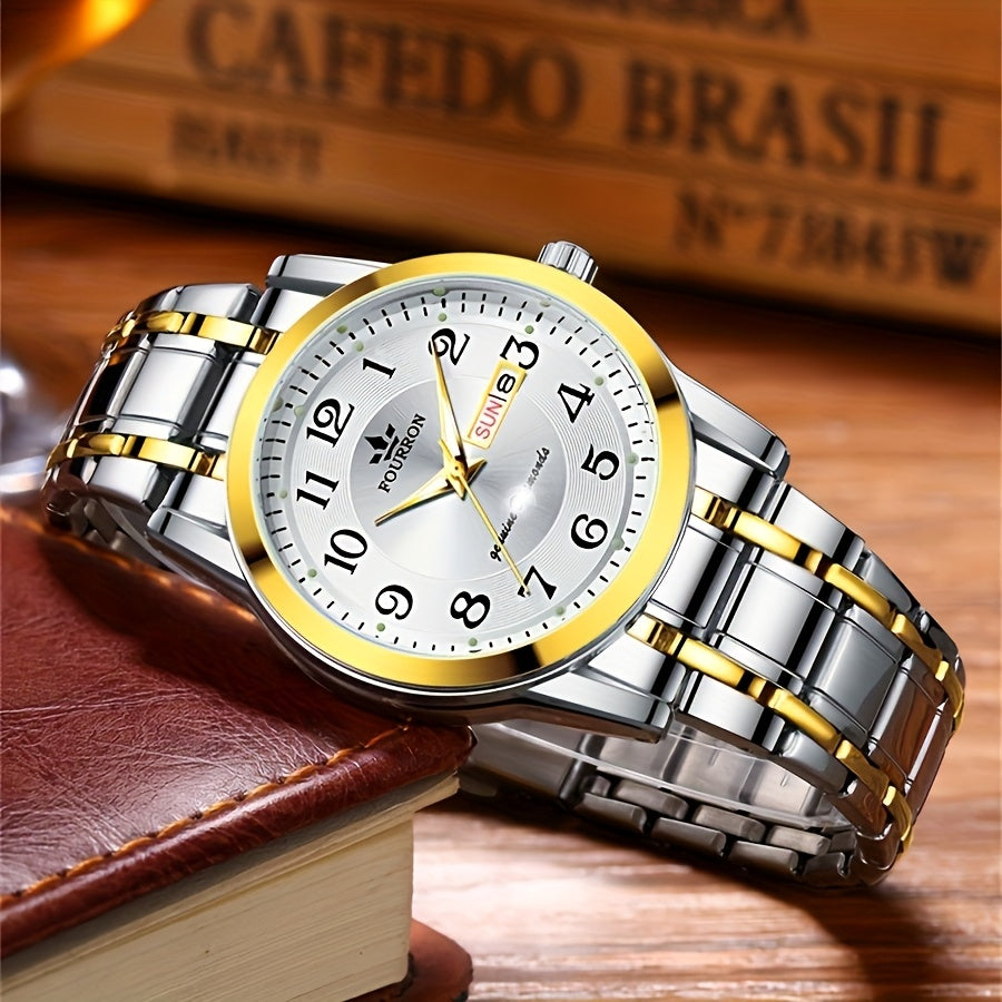 FOURRON Men's Quartz Watch - Trendy and Fashionable Appearance Stainless Steel Band with Luminous & Date Display, Ideal Gift for Birthdays & Holidays, Sunday Calendar Display, Multifunctional Watch, Casual Fashion, Gift for R