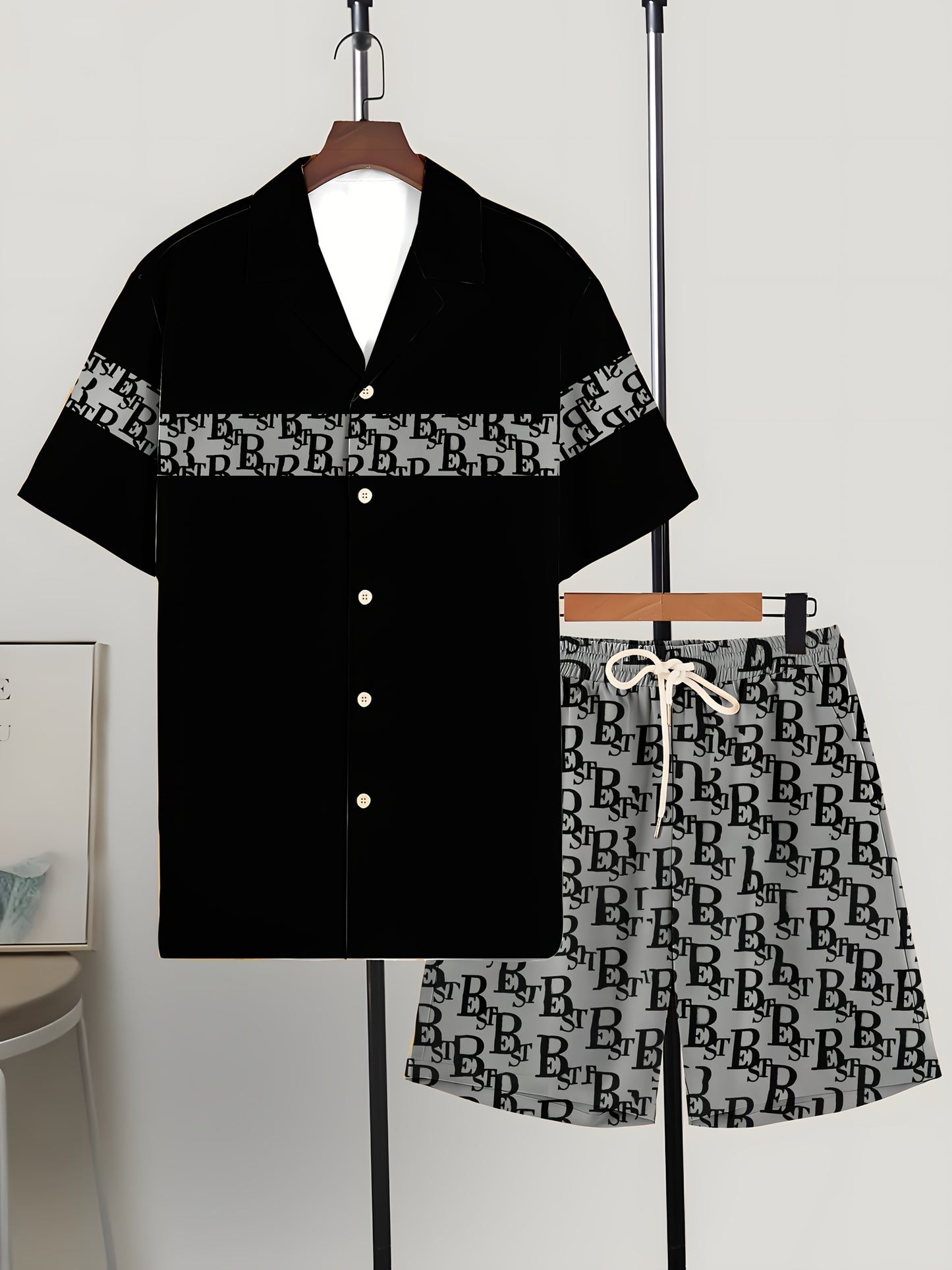 Men'S Casual Tropical Letter Print Pajama Set - Short Sleeve Shirt with Button- Collar & Shorts with Pockets, Comfortable Non-Stretch Fabric, All-Season Home Wear, Relaxed Fit, Home Comfort Clothing | Relaxed Fit Shorts | But