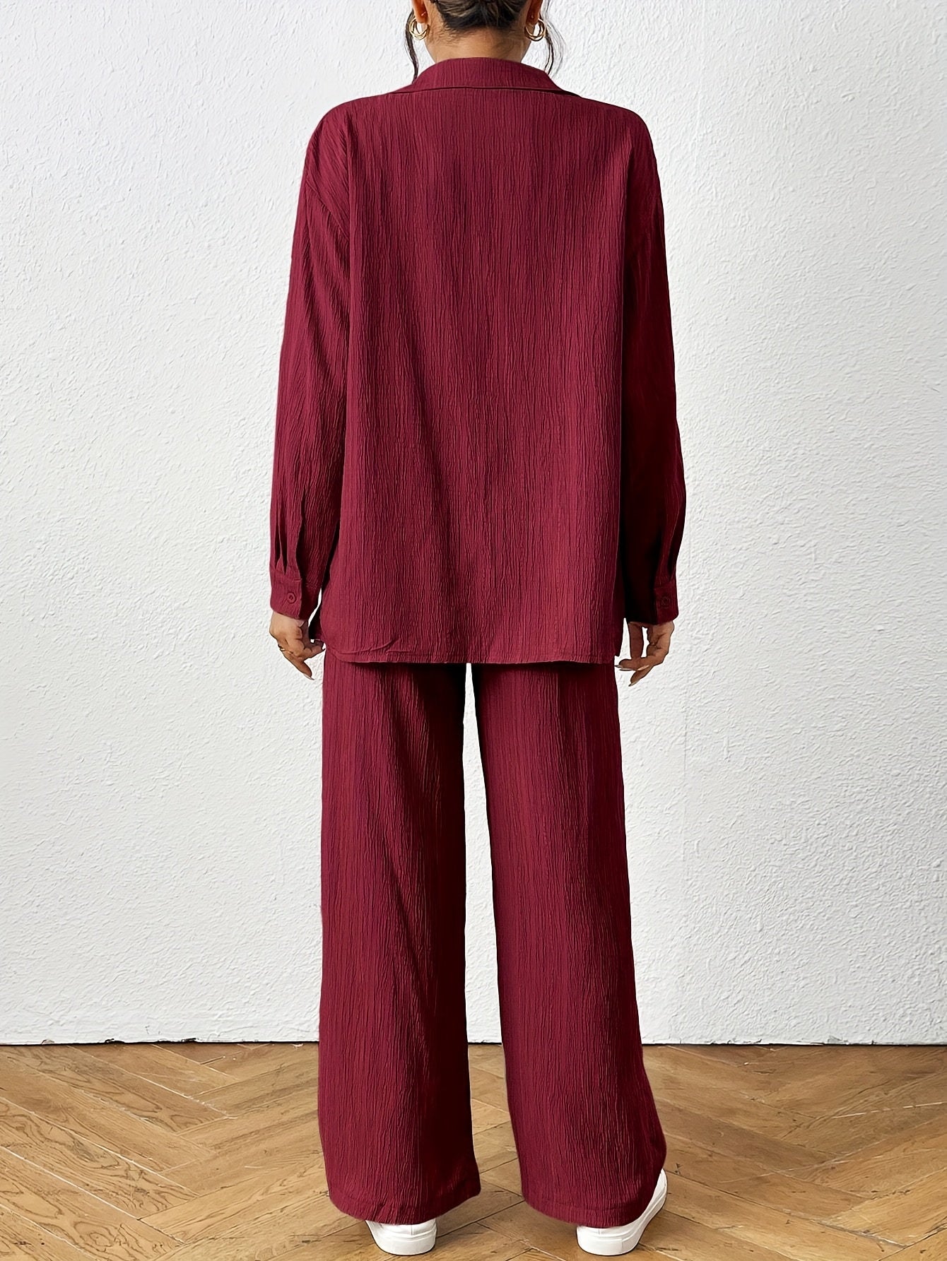 2pcs Women Spring & Autumn Casual Solid Color Long Sleeve Shirt And Pants Set