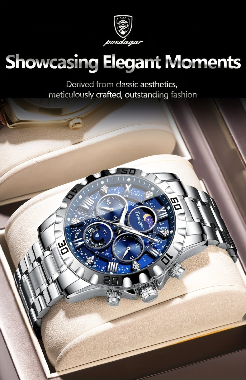 POEDAGAR Men'S Luxury Stainless Steel Quartz Watch with Moon Phase and Calendar - Waterproof, Night-Glow Hands, and Detailed Dial for Business and Formal Attire, Formal Watch | Detailed Watch Face | Quartz Movement