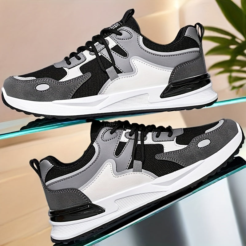 Men's Plus Size Breathable Mesh Casual Sneakers - Low-Top Lace-Up Walking Shoes with Cushioned PVC Sole, All-Season Outdoor & Daily Wear in White/Navy/Red Accents, Outdoor Footwear | Modern Sneakers | Durable Fabric Shoes