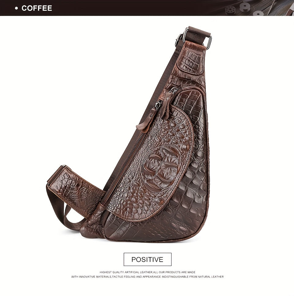 HUMERPAUL Men'S Casual Brown Leather Crossbody Bag with Alligator Print - Adjustable Strap, Multi-Compartment, Everyday Commute Shoulder Bag, Everyday Bag | Casual Style Bag | Adjustable Strap Bag