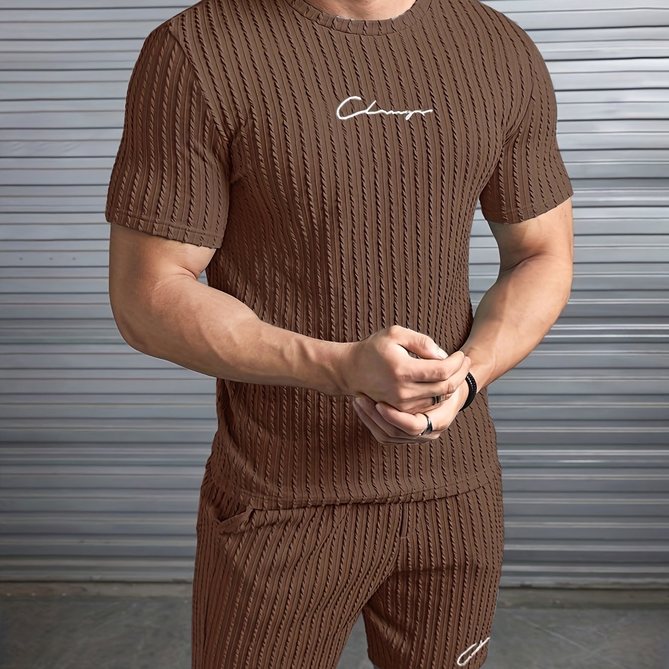 Men'S Casual Polyester Crew Neck Embroidered Alphabet Pattern Slight Stretch Knit Fabric Regular Fit Lash Sets for Spring