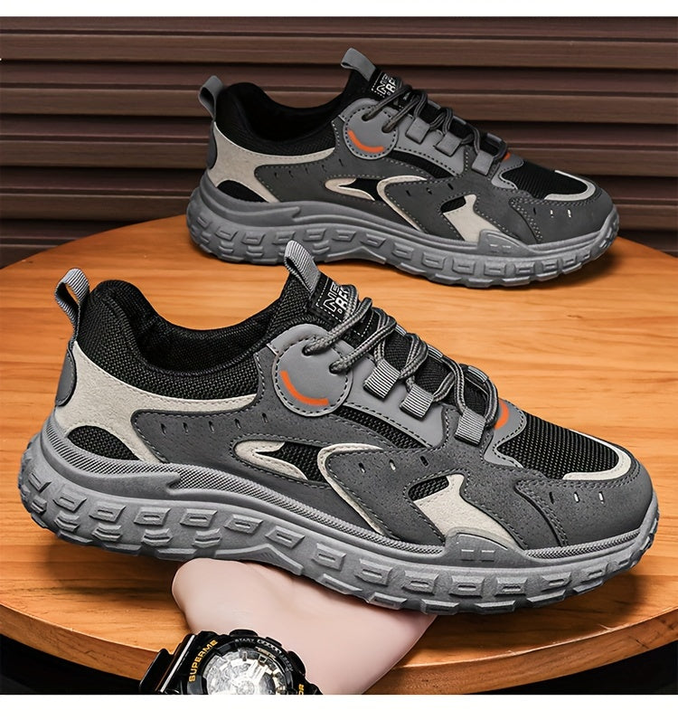 Men's Trendy Chunky Sneakers - Breathable Mesh & PU Upper, Durable PVC Sole, Lace-Up Casual Sneakers in Gray, Black & Orange, All-Season Comfort for Casual Attire