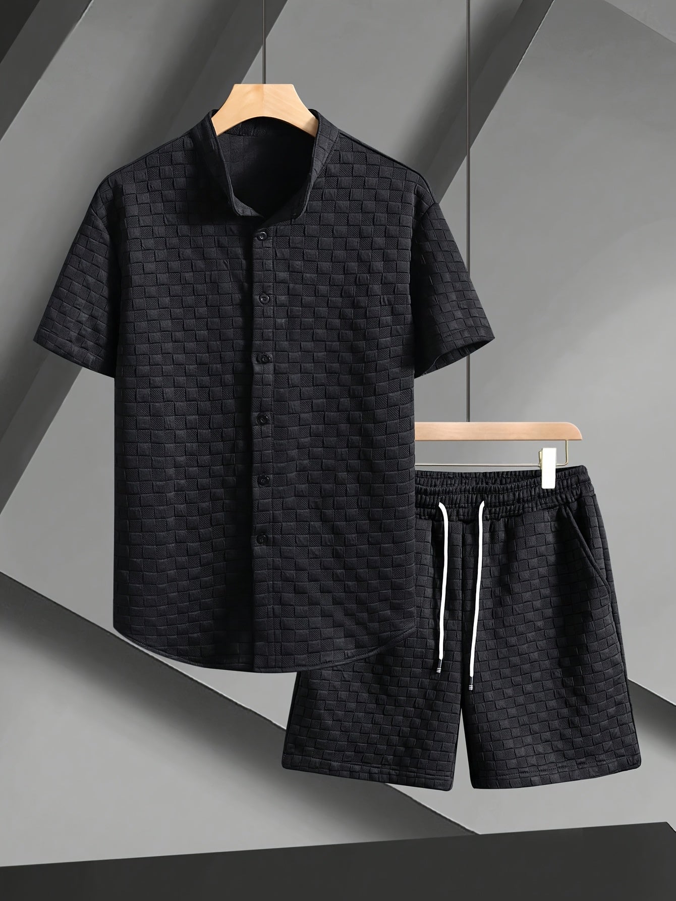 Men'S Casual Summer Short Sleeve Shirt & Shorts Set - Light Blue, Button-Up, Polyester, Perfect for Casual Attire, Parties, and Outdoor Activities, Casual Summer Wear|Short Sleeve Shirt|Polyester Fabri