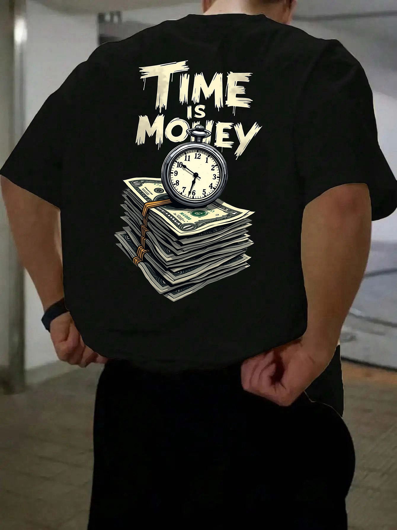 Men'S Casual Short Sleeve T-Shirt with "Time is Money" Clock & Stack of Cash Graphic - Lightweight Polyester, Loose Fit, Round Neck, Perfect for Spring & Summer Outdoor Wear, Relaxed Fit Shirt | Bold Graphic Tee | Glossy Text