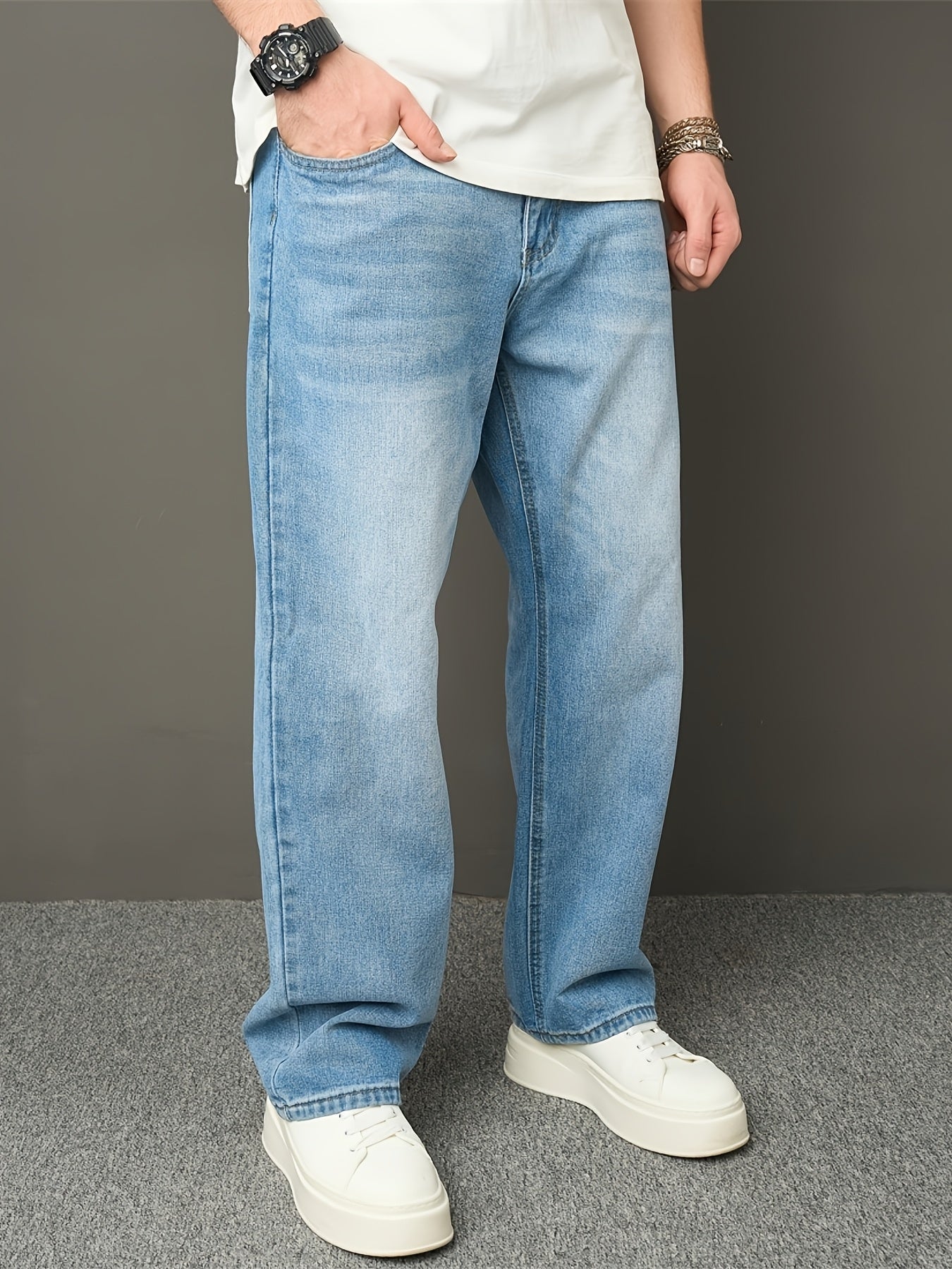 Men's High Street Fashion Solid Color Loose-Fit Denim Jeans, Casual Straight Leg Pants with Raw Wash Detail, Non-Stretch Fabric, All-Season Basic Style, Allseason Jeans | Classic Blue Jeans | Durable Jeans Construction