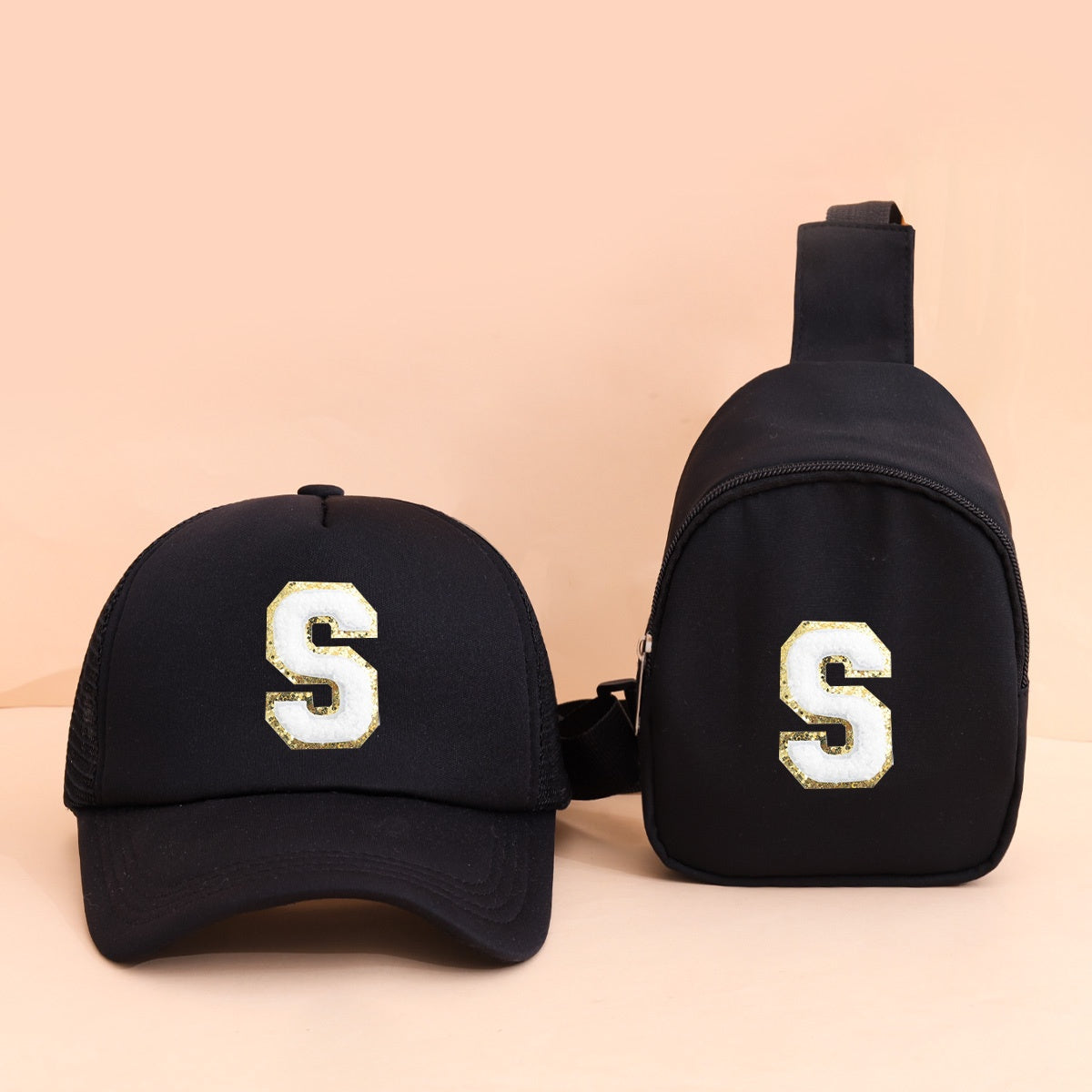 2pcs Kids' Printed Alphabet Pattern Set, Includes 1 Black Stylish Breathable Trucker Hat and 1 Black Crossbody Bag, Lightweight Sun Hat with Small Coin Purse, Suitable for Boys and Girls Aged 5-10 for Daily Outings and Back-t