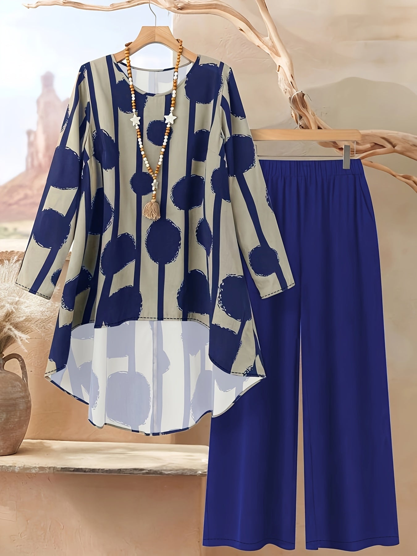 Plus Size, Women's Plus Size Printed Elegant Loose Long Sleeve Top and Pants Set