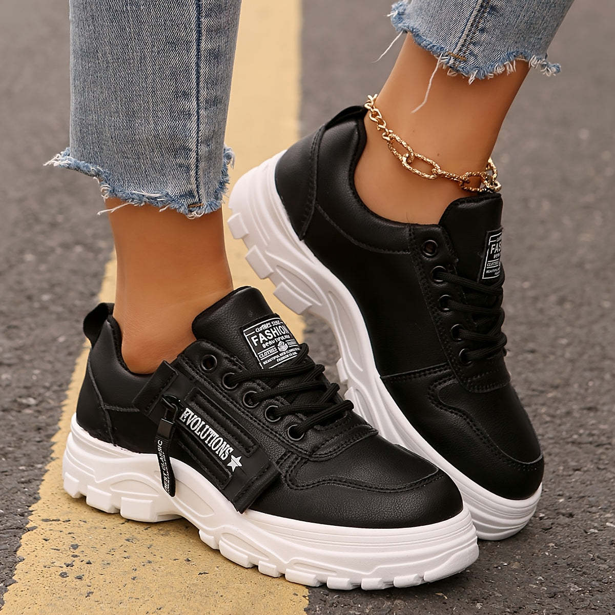 Women'S Breathable Knit Sneakers - Lightweight Thick Sole Casual Walking Shoes in White & Black, Synthetic Cover Upper with Rubber Outsole, Lace-Up Low-Top Design for Indoor/Outdoor, Travel, Beach & Shopping - Cute Gift for M