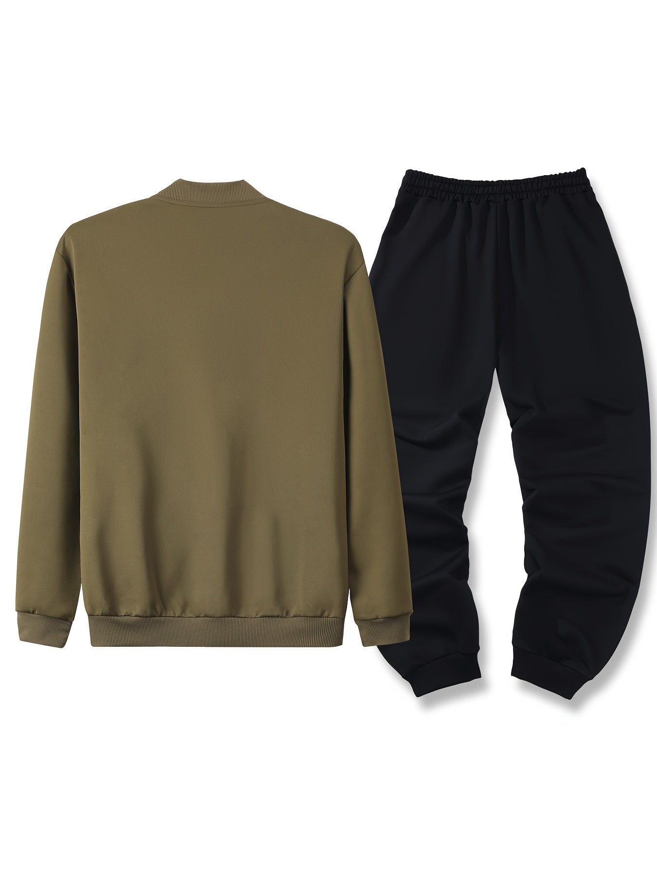 Men's Spring/Fall Casual Zip-Up Jacket & Drawstring Sweatpants Set in Olive Green & Black - Durable Polyester, Machine Washable, with Pockets for Everyday Style