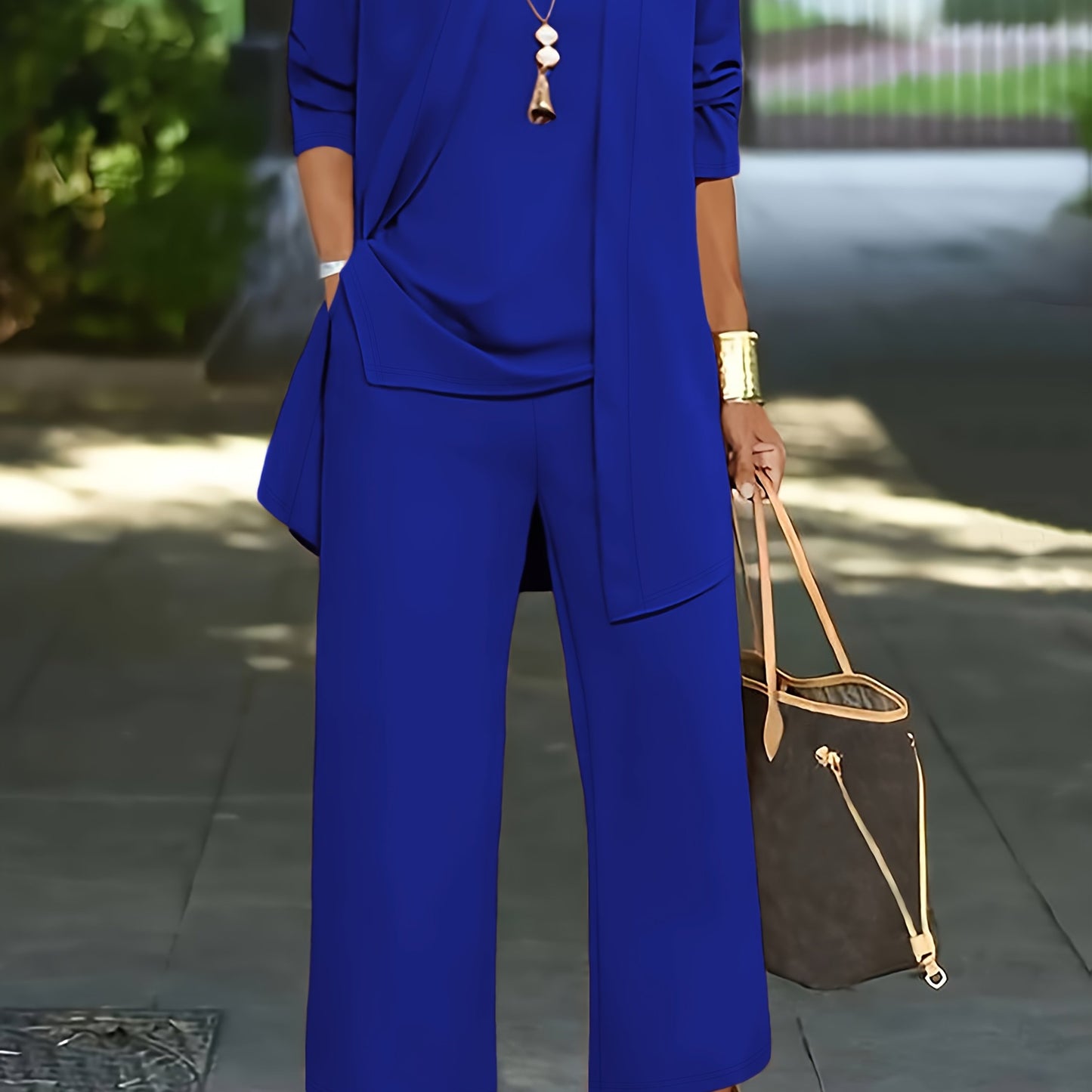 Plus Size - Spring and Autumn Women'S Simple Casual Solid Color Jacket Top Cardigan + Round Neck Sleeveless Vest + Elastic Waist Drape Pocket Straight Pants Three-Piece Set Commuting Suit
