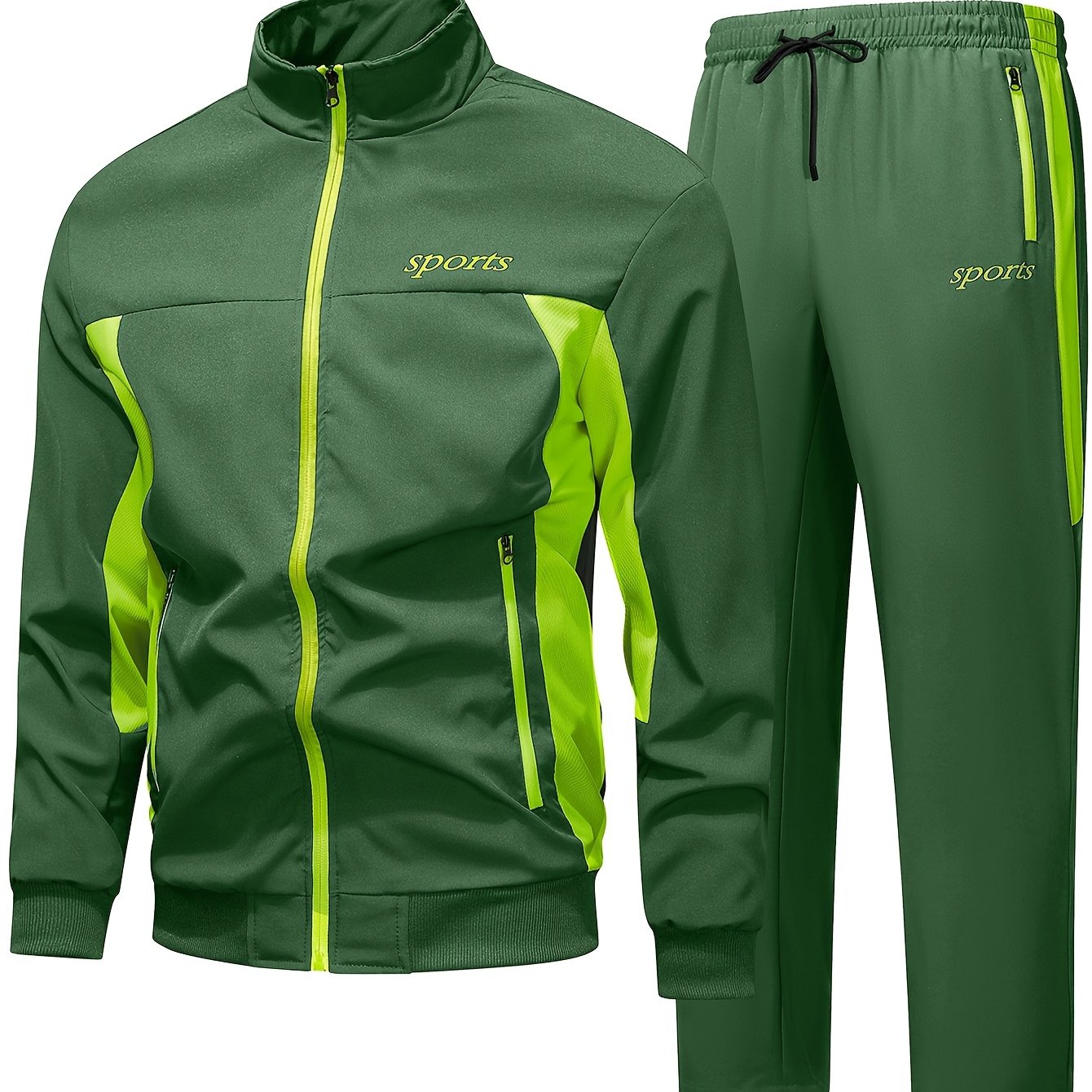 Men's Two-Tone Spliced Jacket and Pants Set in Fluorescent Green with 'Sports' Letter Print, Eye-Catching Fashion Design, Comfortable Soft Fabric, Essential Outfit for Home or Outdoor Wear TZ8030
