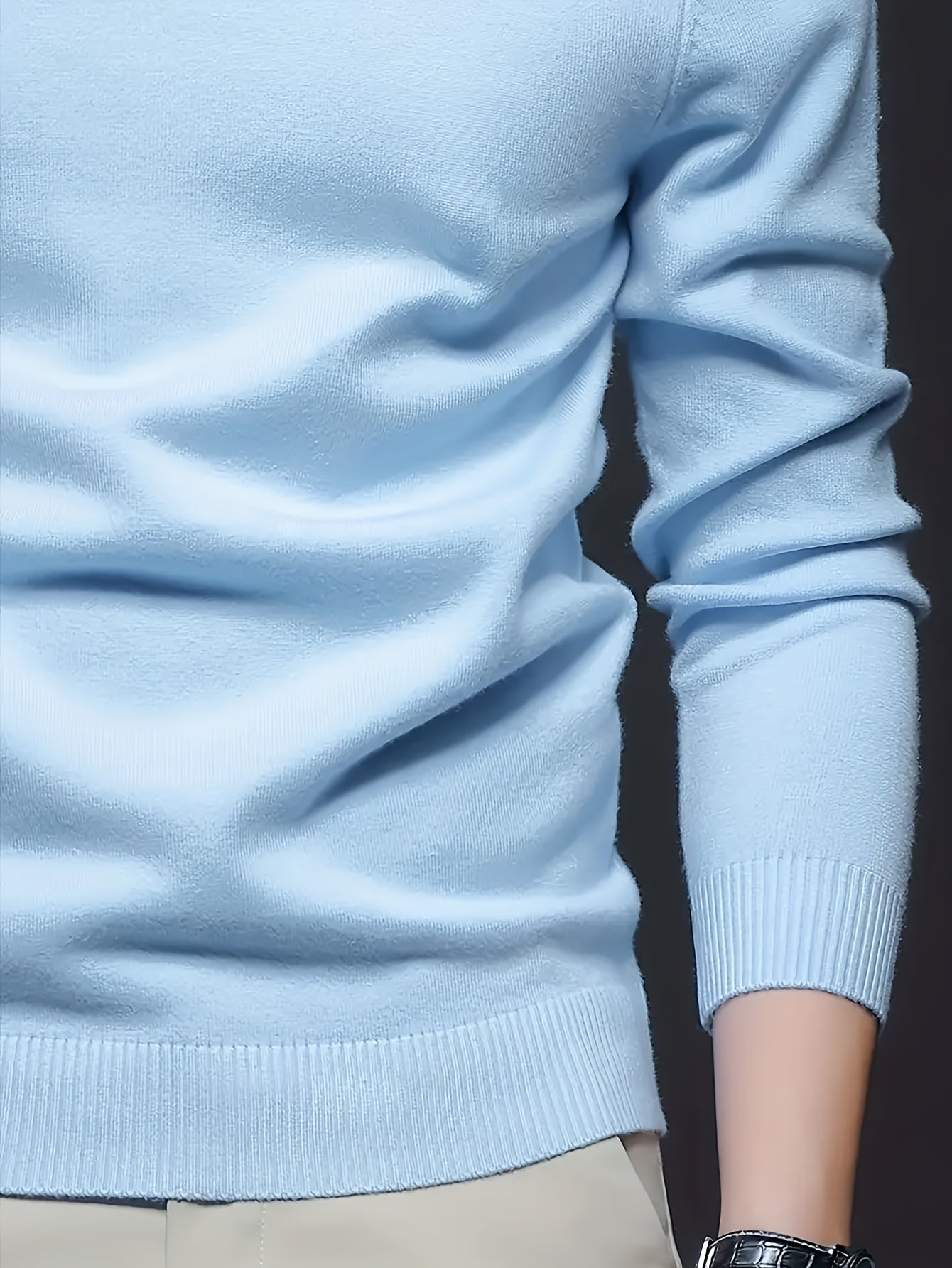 Men's Sleek Light Blue Turtleneck Sweater - Casual Knit Pullover with Ribbed Cuffs, Long Sleeves for Fall/Winter, Soft Viscose Blend