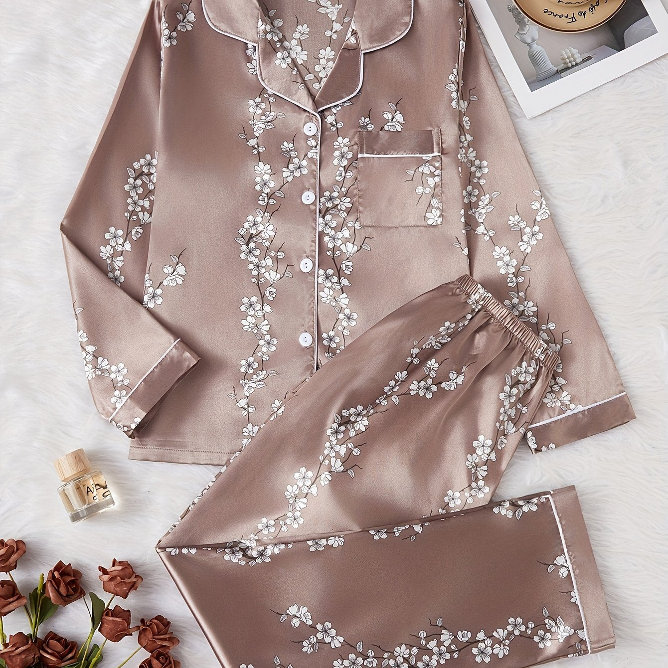 Women'S Vintage Elegant Floral Print Satin Pajama Set, Long Sleeve Top and Pants, Polyester 97% Elastane 3%, Lapel Collar, Woven, 90gsm, Fall/Winter Sleepwear