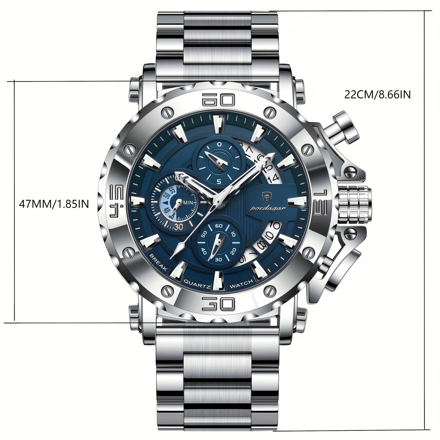 POEDAGAR Men'S Luxury Stainless Steel Business Watch with Date Display, 3ATM Blue Dial, Rotating Bezel, Alloy Case, Quartz Movement - Elegant Formal Accessory, Formal Accessory|Luxurious Watch|Quartz Movement Watch