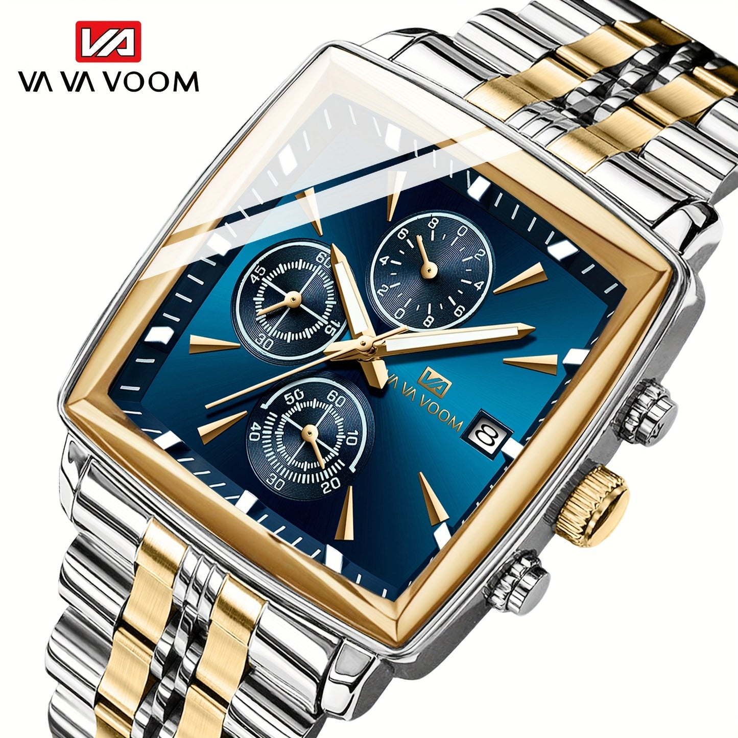 VA VA VOOM Brand New Arrival 1pc Fashionable Golden & Blue & Silveryy & Black Stainless Steel Strap, Oversized Square Dial, Multifunctional Six Needle Three Eyes, with Calendar Window, Luminous Function, High-Quality Fashiona