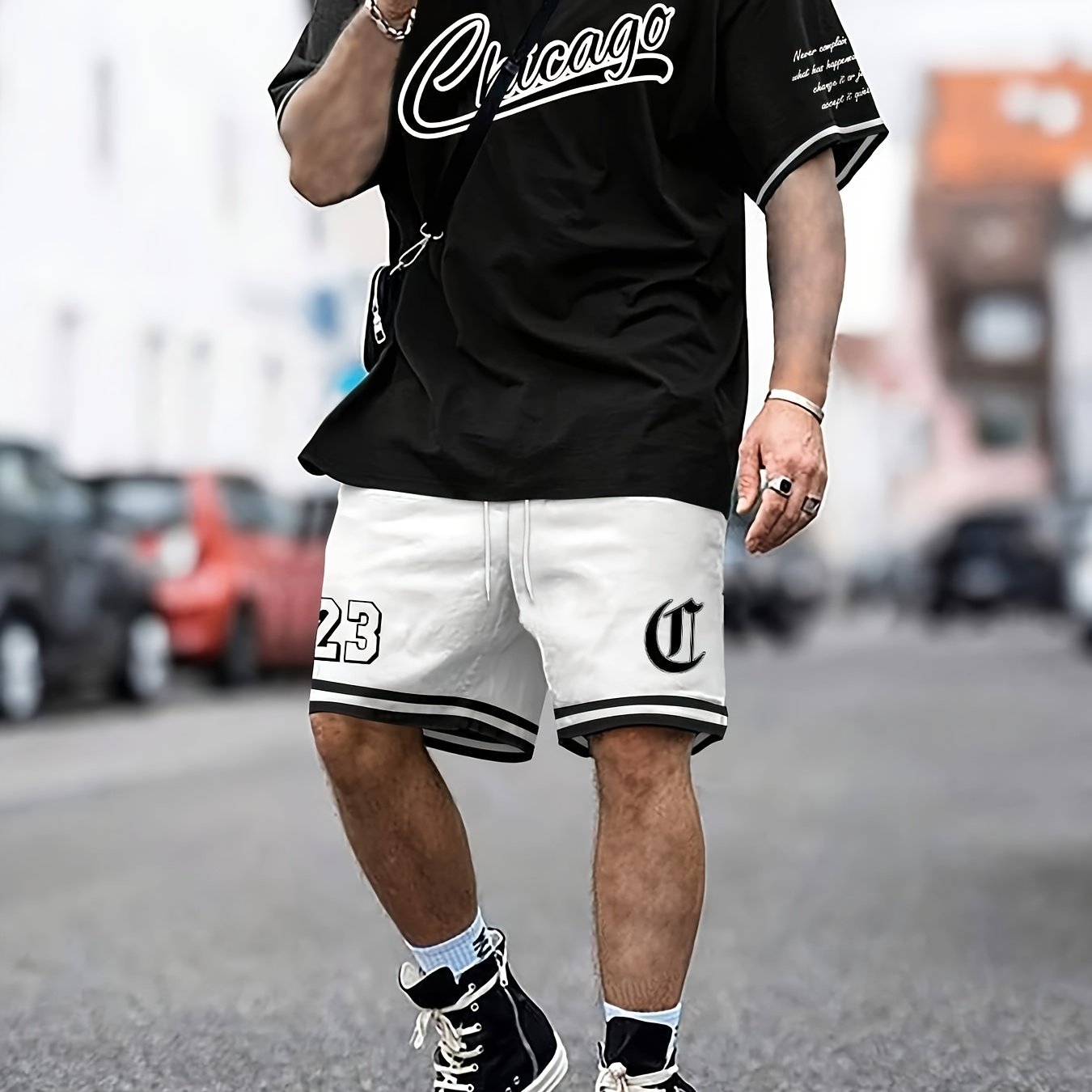 Men's Outfit, Chicago Graphic Print Casual Crew Neck Short Sleeve T-Shirt & Shorts 2-piece Set For Summer Outdoor Activities