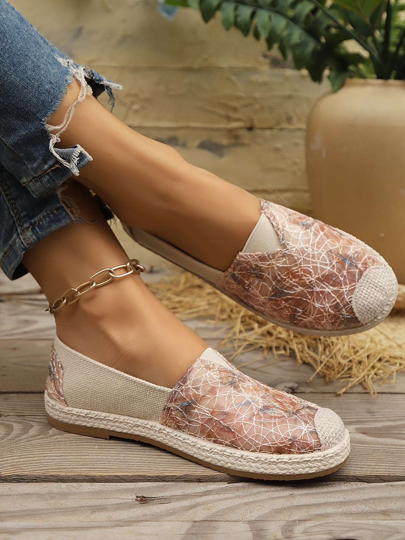 Women's Breathable Slip-On Loafers - Soft Sole Casual Walking Shoes, Lightweight & Comfortable, Beige Floral Pattern Fabric Upper, PU Cover Sole, Perfect for Casual Attire, Allseason Loafers | Slipon Comfort | Soft Sole Shoes