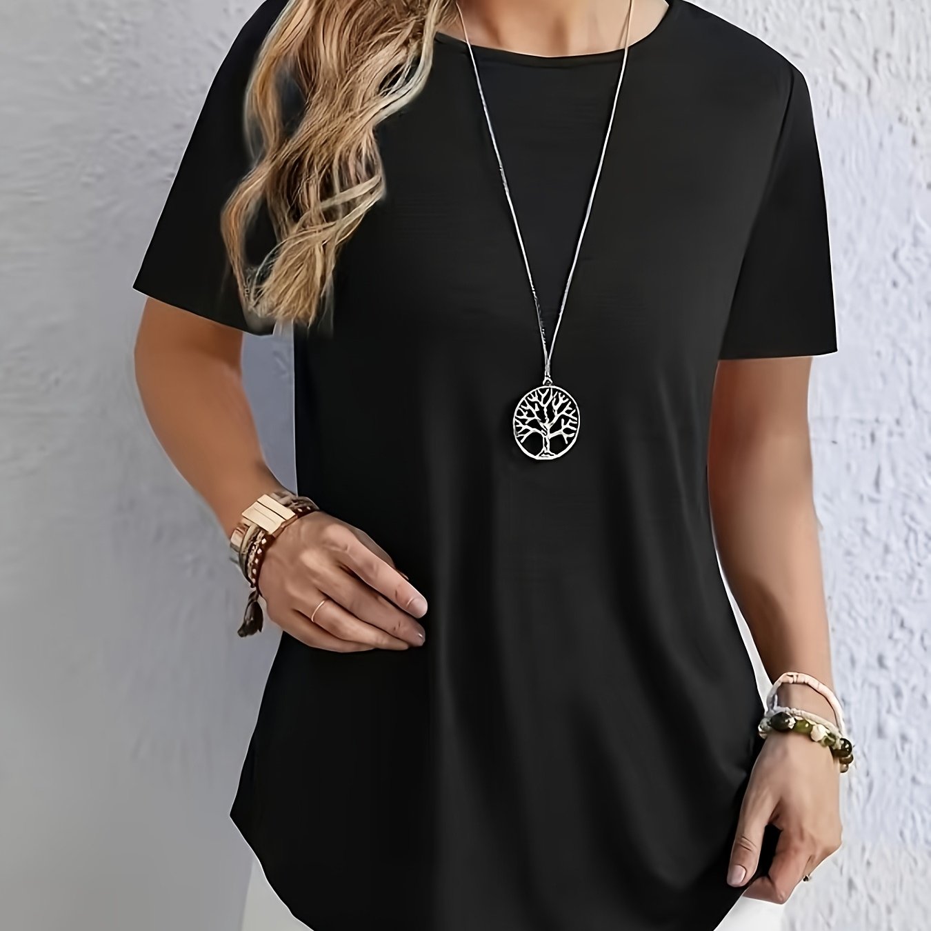 Women's Elegant Solid Color Short Sleeve T-Shirt with Back Button Detail - Loose Fit Casual Spring/Summer Top, Machine Washable, Polyester Blend, Maroon, Spring Fashion Wear | Solid Color Blouse | Glossy Fabric, Ladies T Shir
