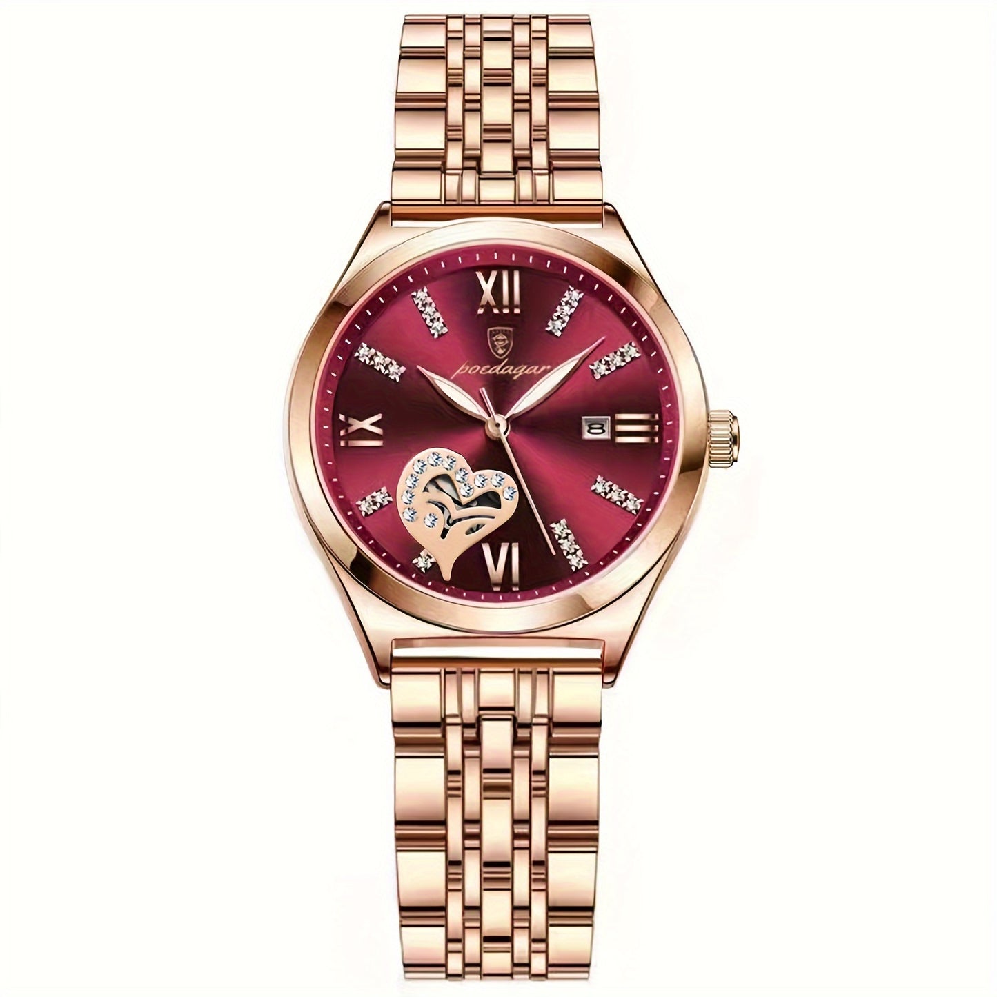 POEDAGAR Elegant Women's Quartz Watch - Rose Golden-Tone Stainless Steel, Luminous Hands & Calendar,, Date Display with Heart Detail