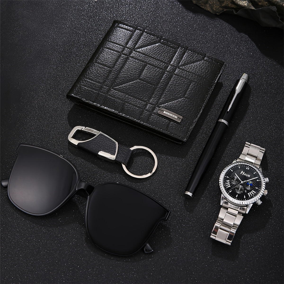 5pcs Elegant Men's Gift Set: Quartz Watch with Date Display, Stylish Wallet, Sleek Pen, Keychain & Pilot Fashion Glasses - Non-Waterproof, Alloy Case & Band, Perfect for Valentine's Day