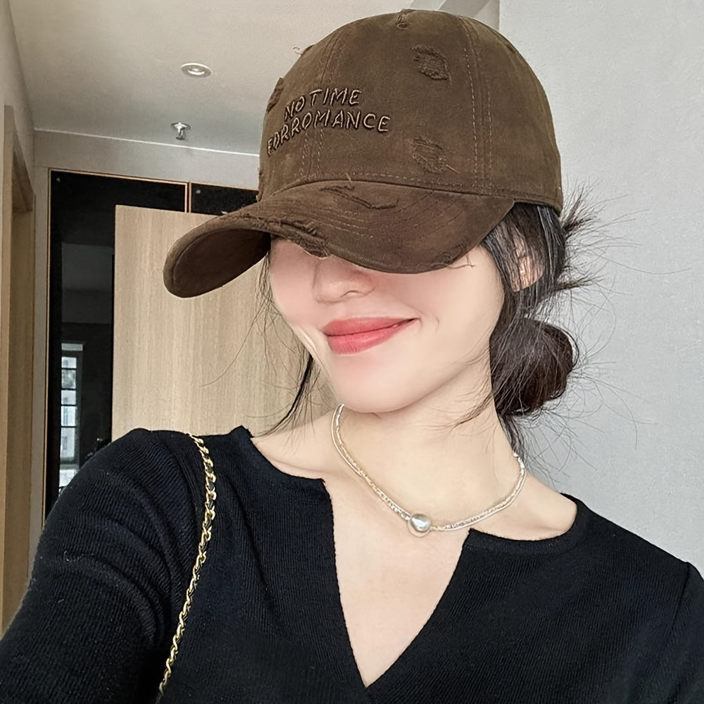 Women's Distressed Embroidered Baseball Cap - Adjustable Lightweight Sun Hat with Wide Brim for Outdoor Travel, Casual Outings & Daily Use, Machine Washable, Outdoor Headwear, Trendy Baseball Cap, Rustic Appeal, Summer Access