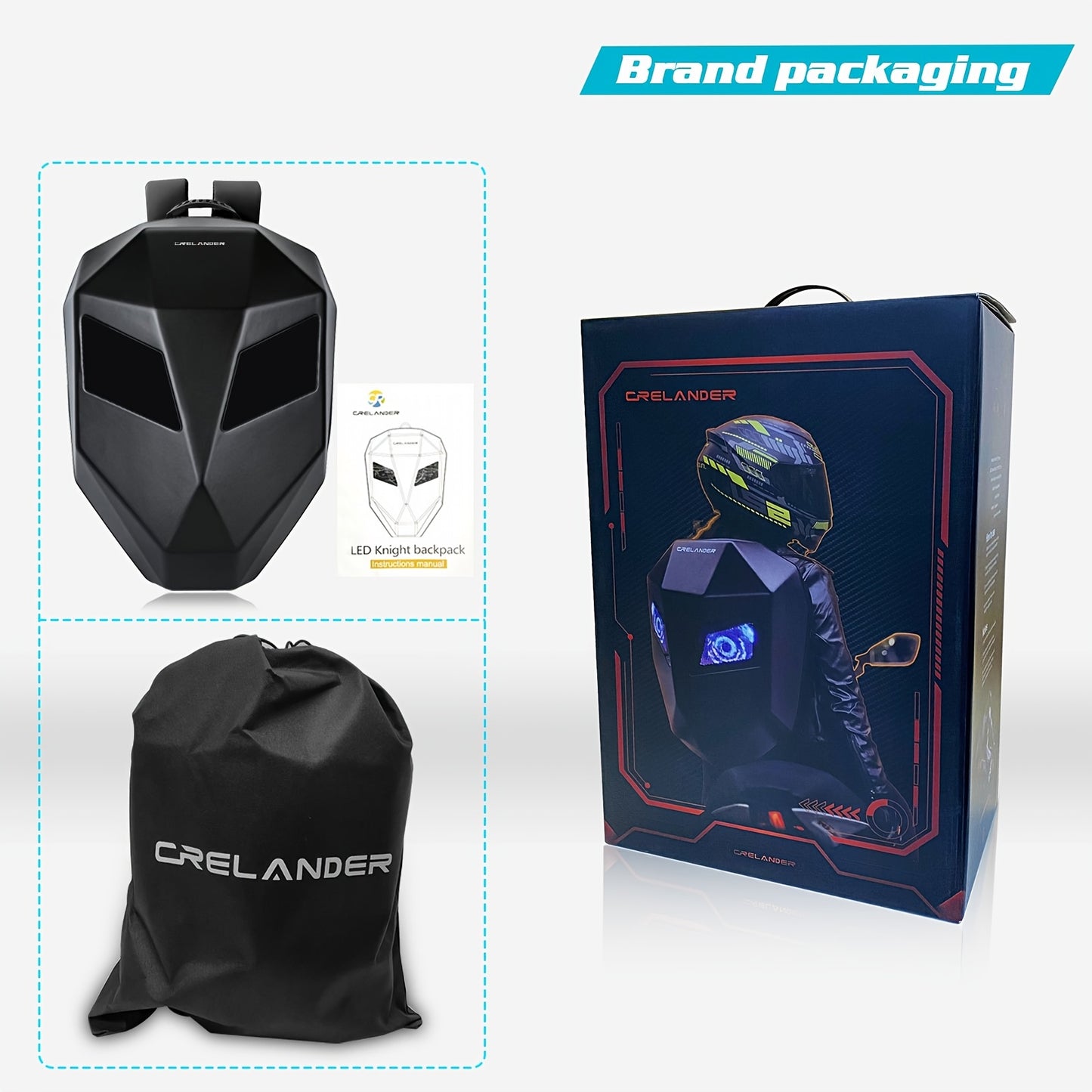 Crelander LED Men'S Motorcycle Backpack - Sleek Black & Red Hard Shell Travel Bag with USB Charging, 48.01cm x 35.56cm Capacity, Ergonomic Design for Camping, Cycling & Outdoor Adventures, Motorcycle Bag, Adventure Gear, Stre