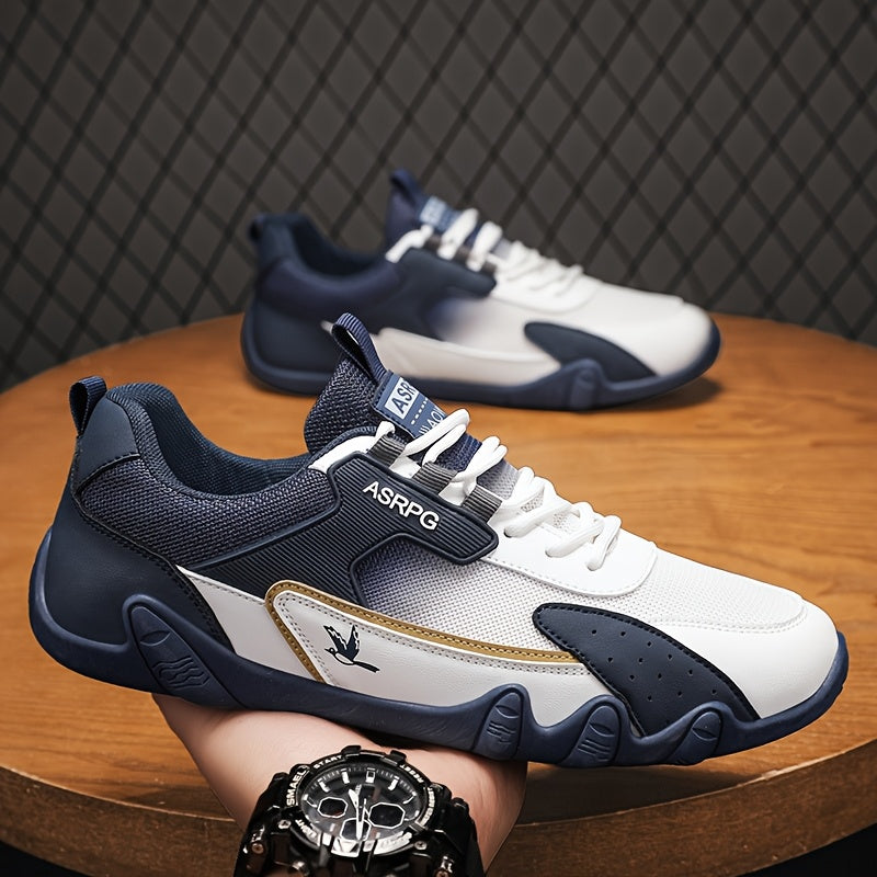 Men's Breathable Low-Top Casual Sneakers - Sporty Lace-Up Walking Shoes with Navy/White/Golden Accents, All-Season Outdoor & Everyday Comfort, Durable Fabric Upper & PVC Sole, Comfortable Footwear, Sleek Shoe Design, Lightwei