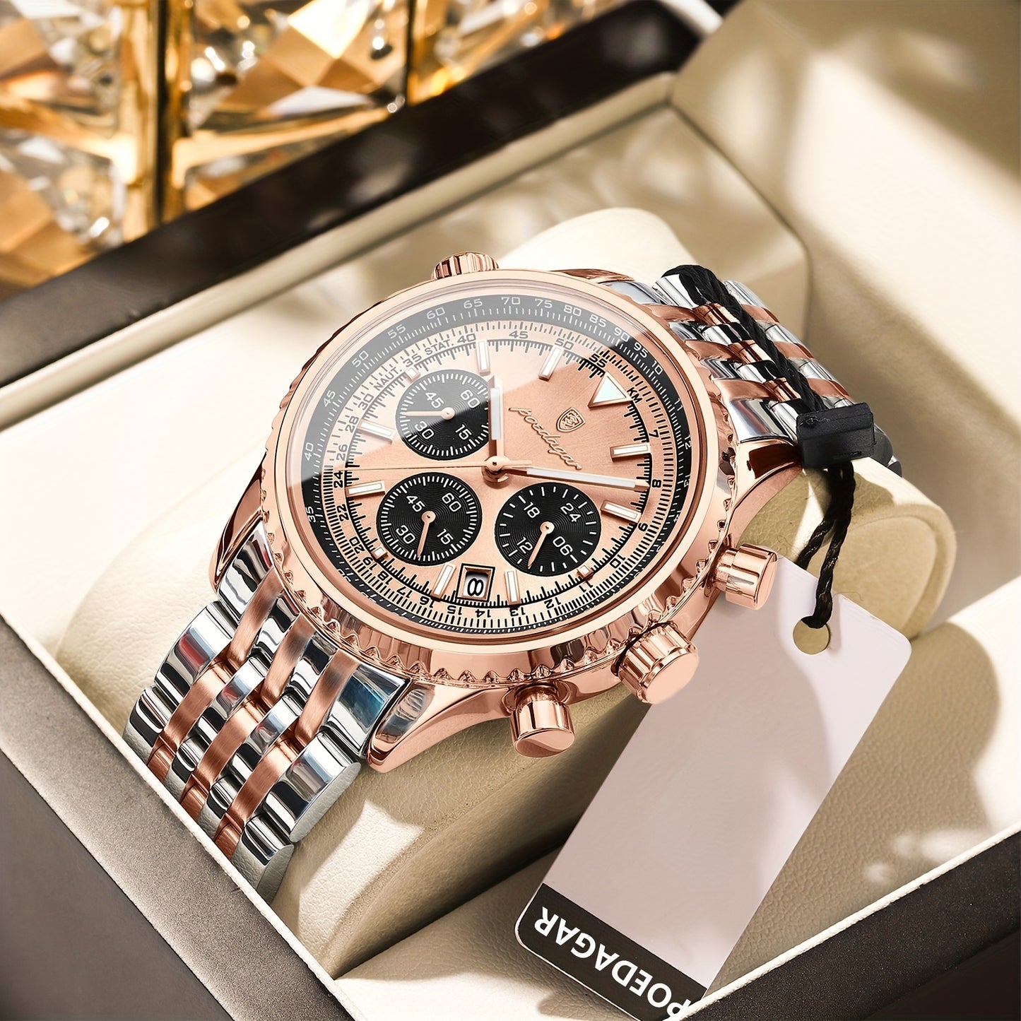 POEDAGAR Luxury Men's Quartz Watch -, Luminous Chronograph with Date Function, Stainless Steel Band & Zinc Alloy Case
