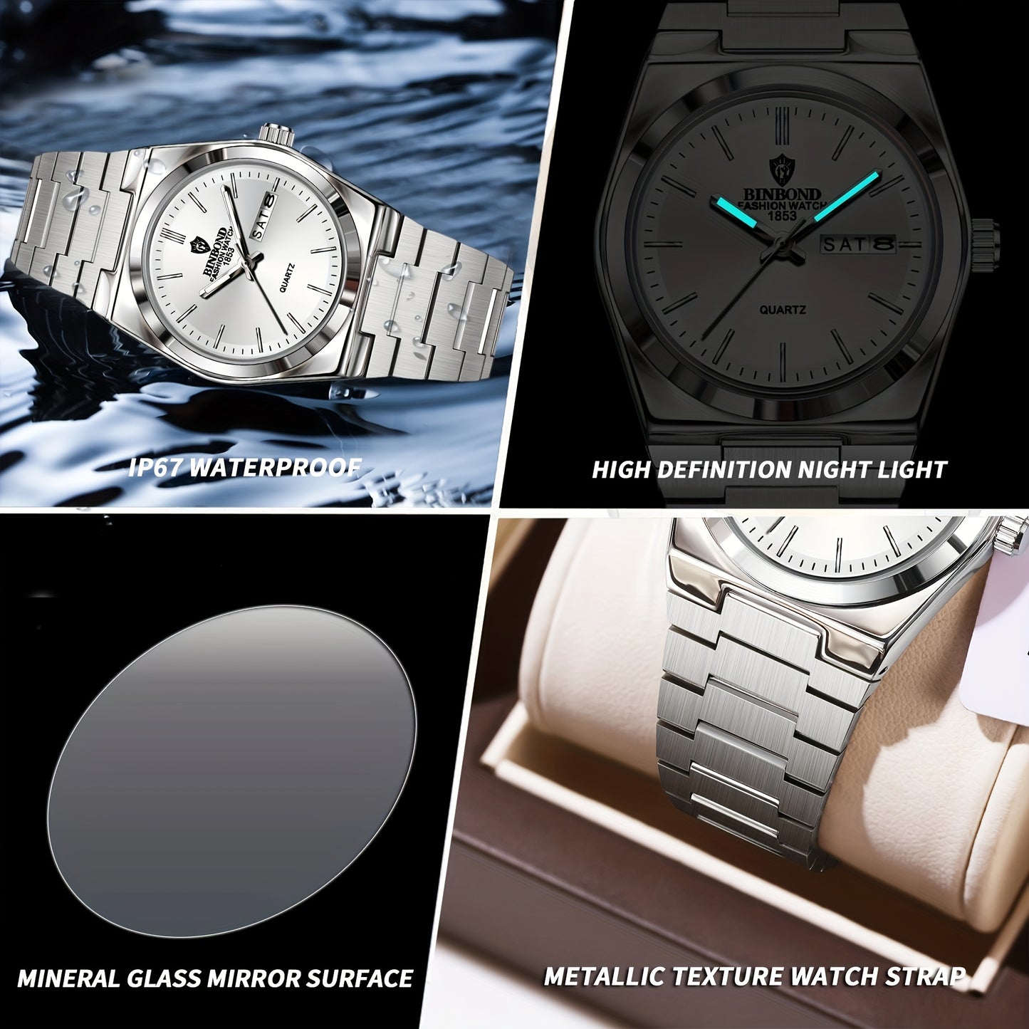 BINBOND Women'S Stainless Steel Quartz Watch - IP67, Luminous Chronograph, Calendar, Durable Zinc Alloy Case, Elegant Design for Casual Attire, Casual Watch | Elegant Watch Design | Quartz Movemen