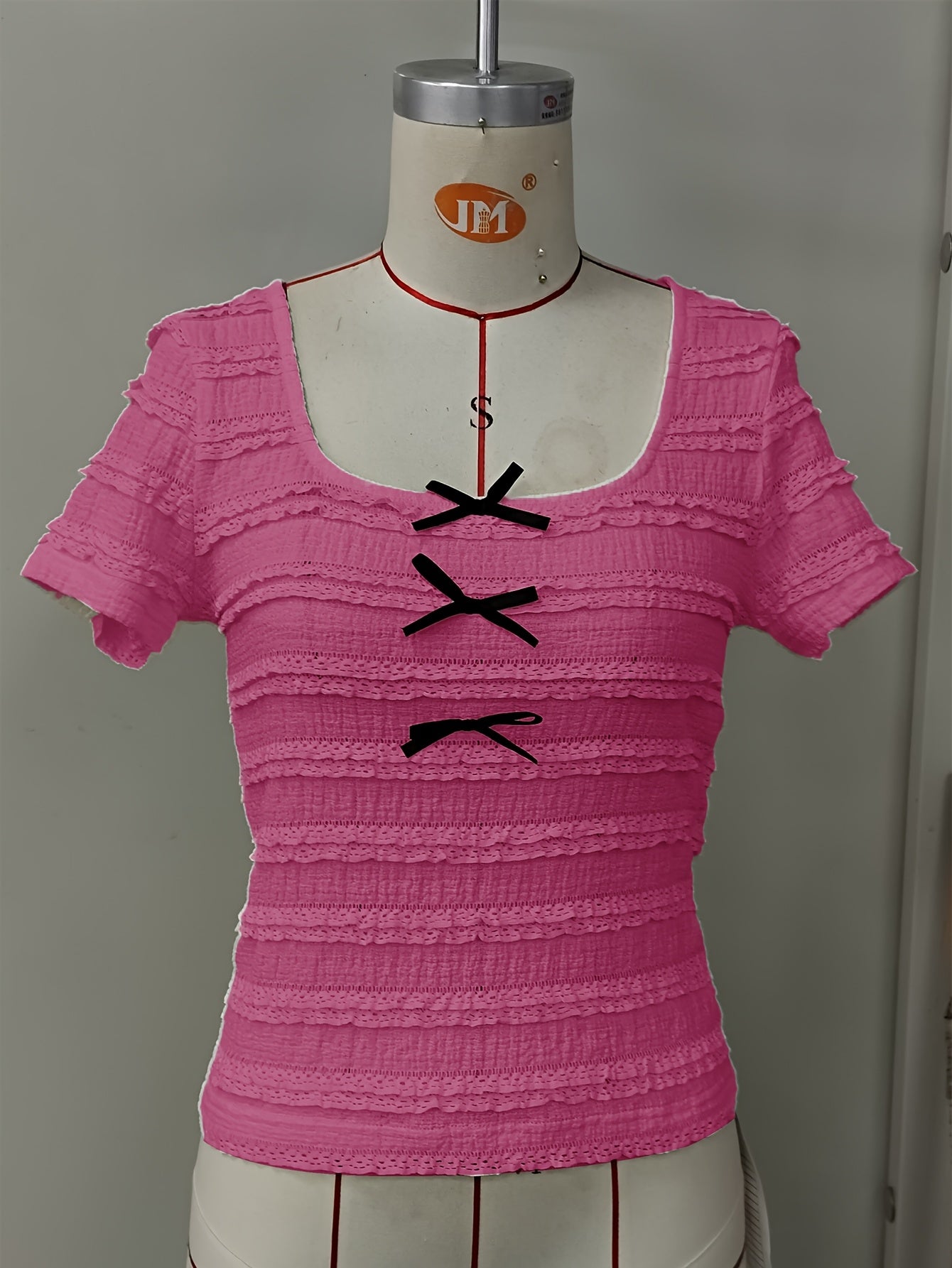 Women'S Elegant Ruffle Trim Short Sleeve T-Shirt with Front Bow Detail - Lightweight Casual Beach Vacation Top, Solid Color, Spring/Summer Collection, Beach Vacation Top | Ruffle Trim Top | Lightweight Fabric
