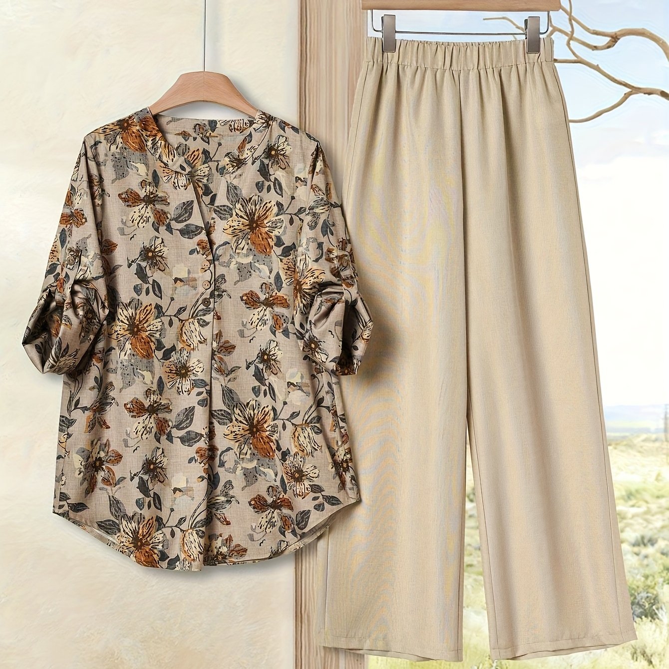 Women'S Elegant Floral Print Blouse & Beige Wide-Leg Pants - Perfect for Spring/Summer, Casual to Semi-Formal Attire, Casual Attire|Floral Print Top|Elegant Blouse