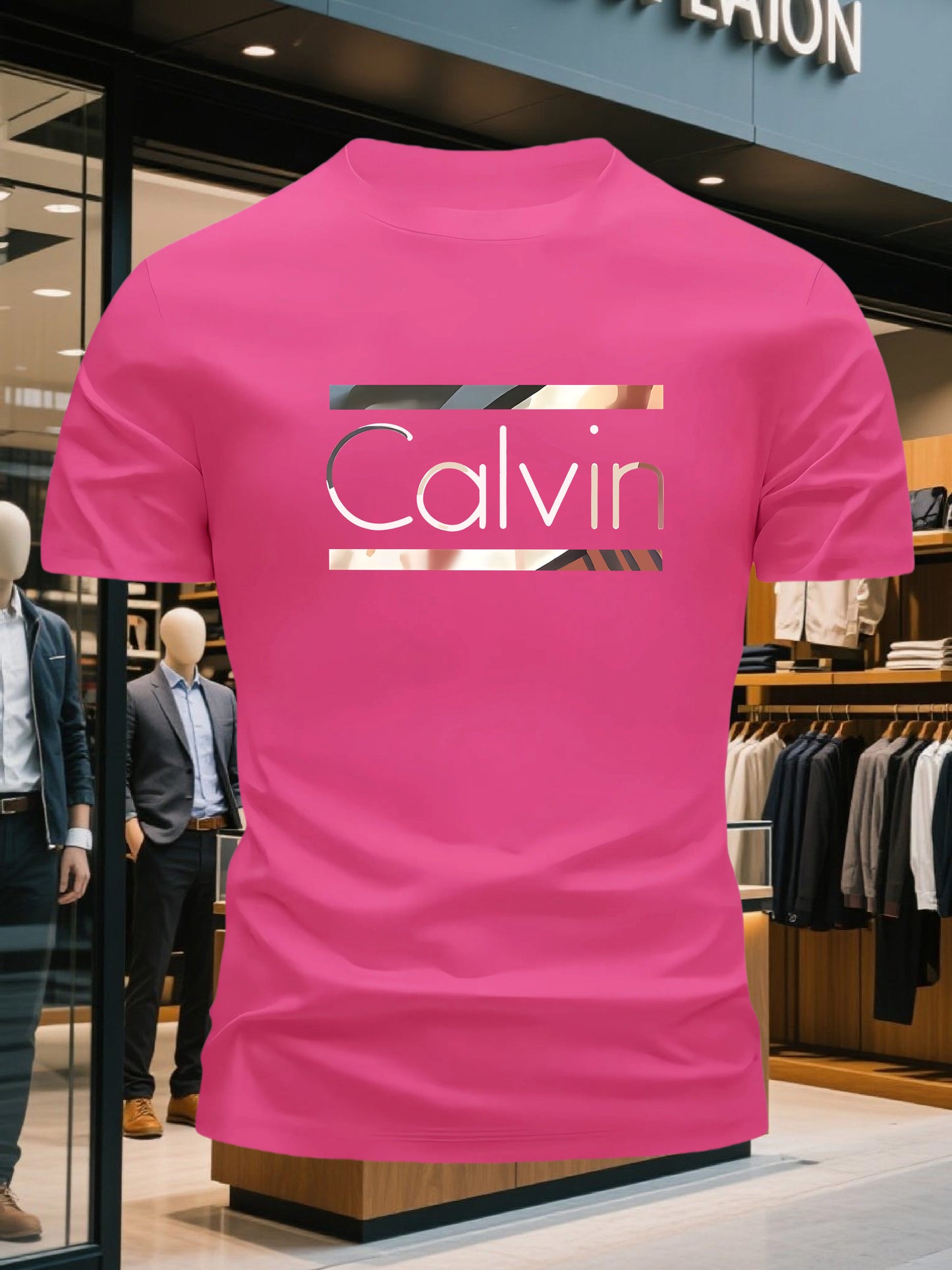 Men'S Bright Pink CALVI Graphic T-Shirt - Soft Breathable 100% Cotton Crewneck Tee, Everyday Casual Shirt for Office, Outings & Gym - Minimalist Modern Top, Comfortable Clothing, Stylish Letter Print, Durable Fabric, Short Sl