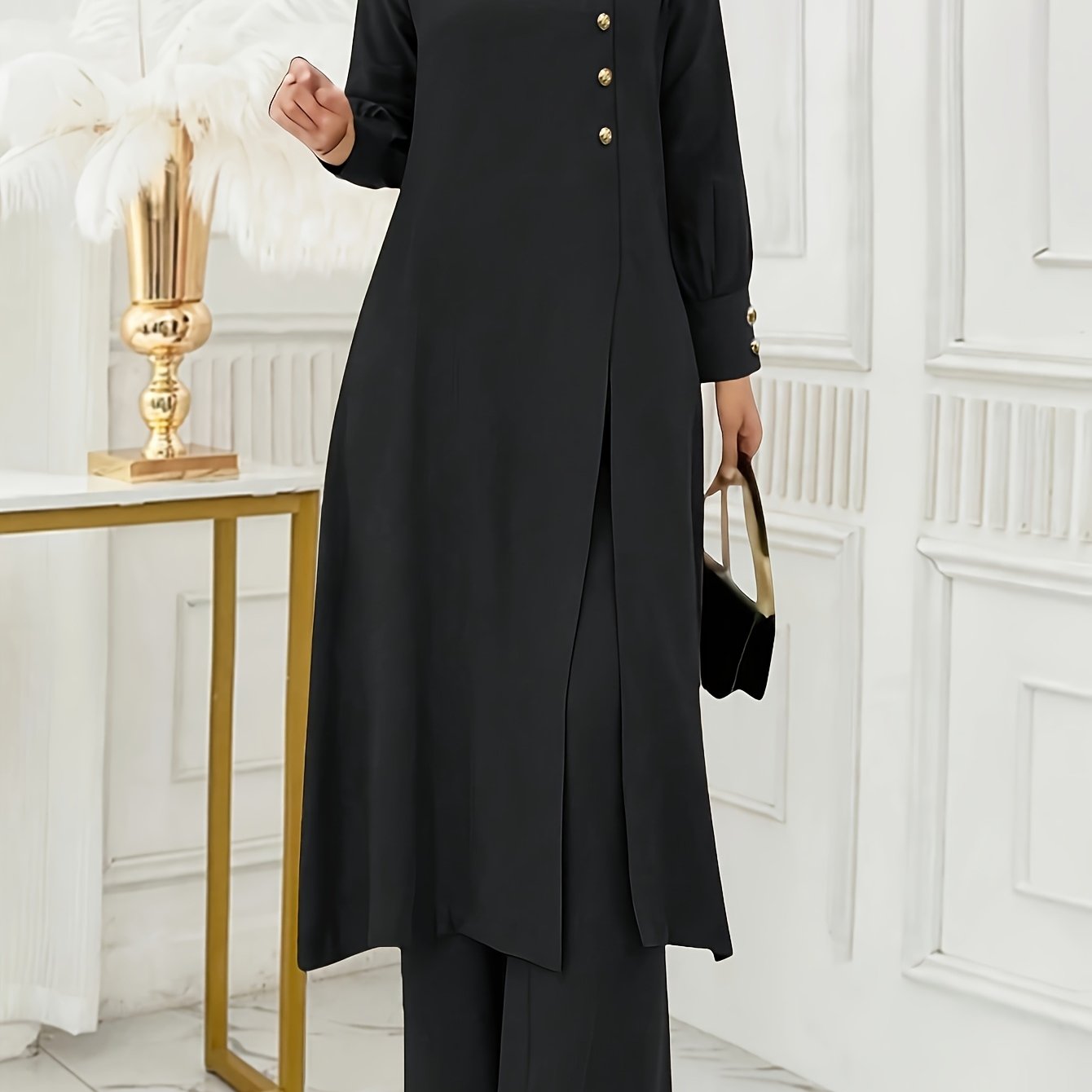 Ramadan, Women's Front-Button Long Sleeve Slit Dress & Pants Casual Arabic Style 2pcs Set, Only Clothes, Without Headscarf