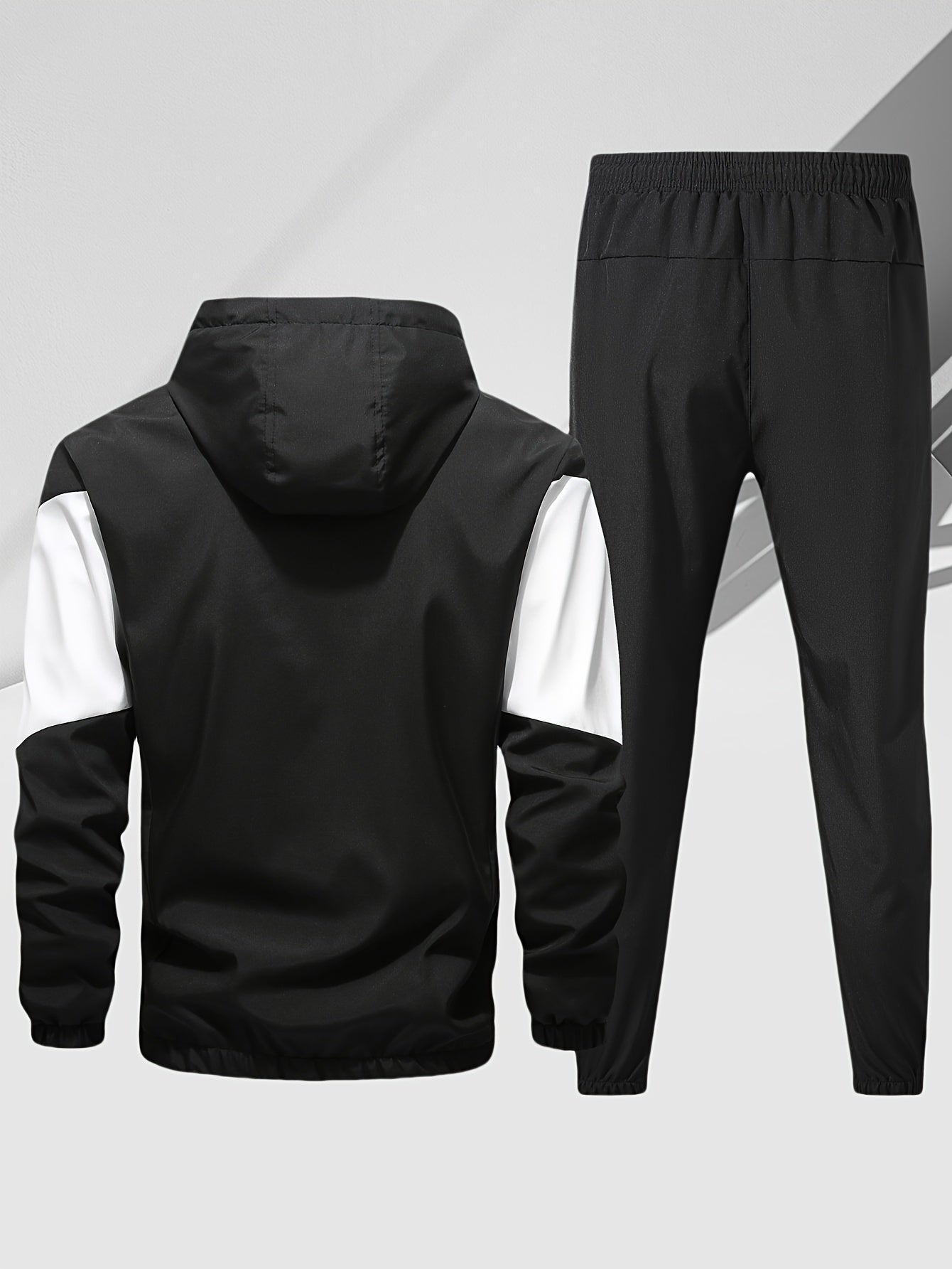 Men's Casual 2-Piece Outfit, Stylish Color Block Zip Up Hooded Jacket, Breathable Solid Color Drawstring Pants