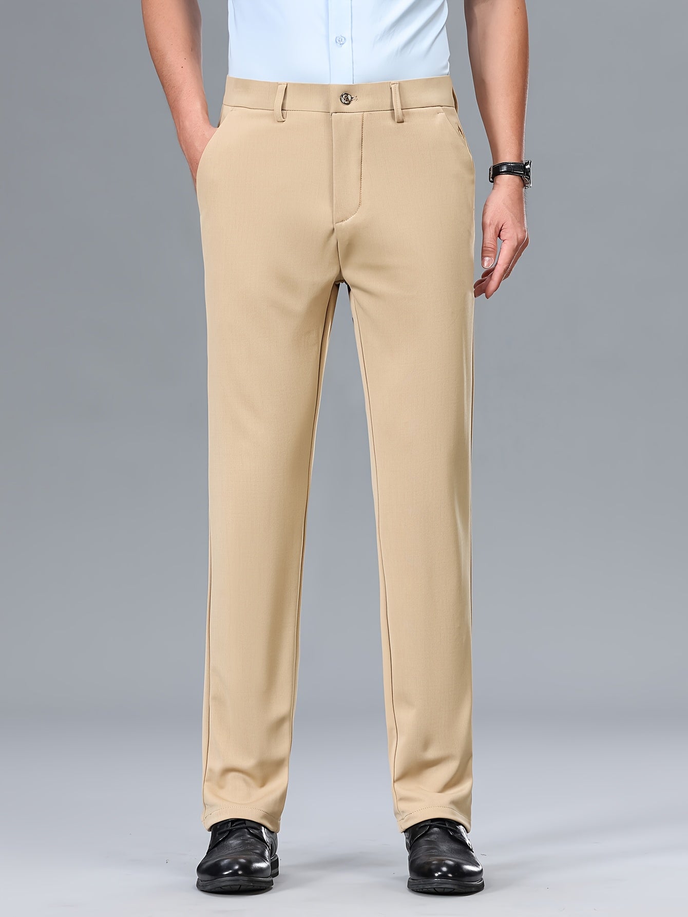 Men's Stretch Dress Pants, Beige with Embroidered Logo - Straight Fit, Wrinkle-Resistant, Polyester Blend, Ideal for Business Casual or Formal Occasions, Allseason Wear|Straight Cut Pants|Stretch Fabric
