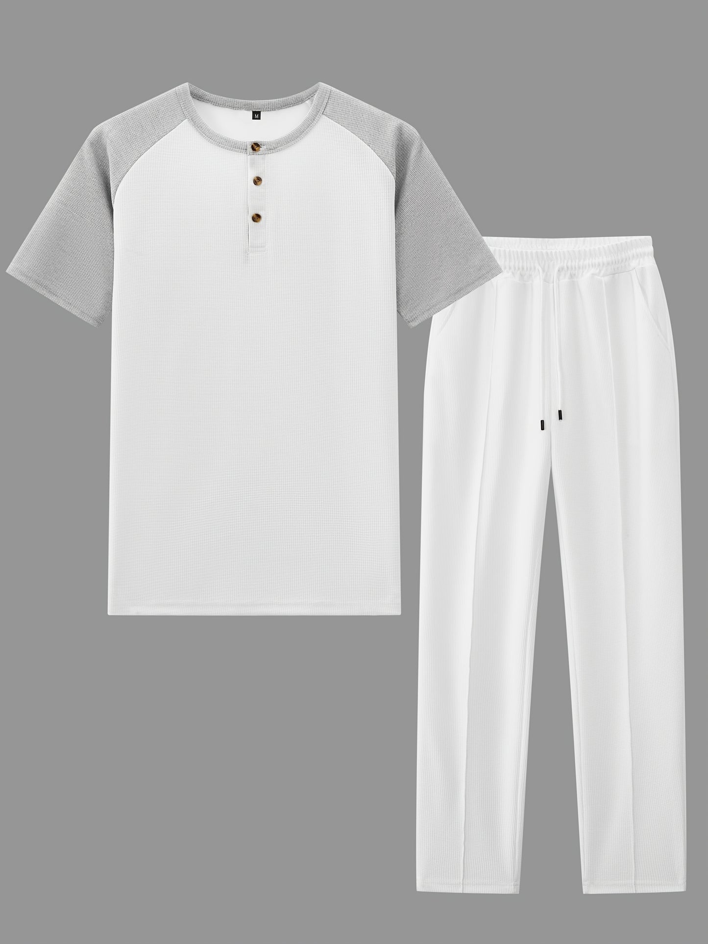 Men's Casual Mixed Color Spliced Set: Shirt and Drawstring Pants, Clean and Comfortable