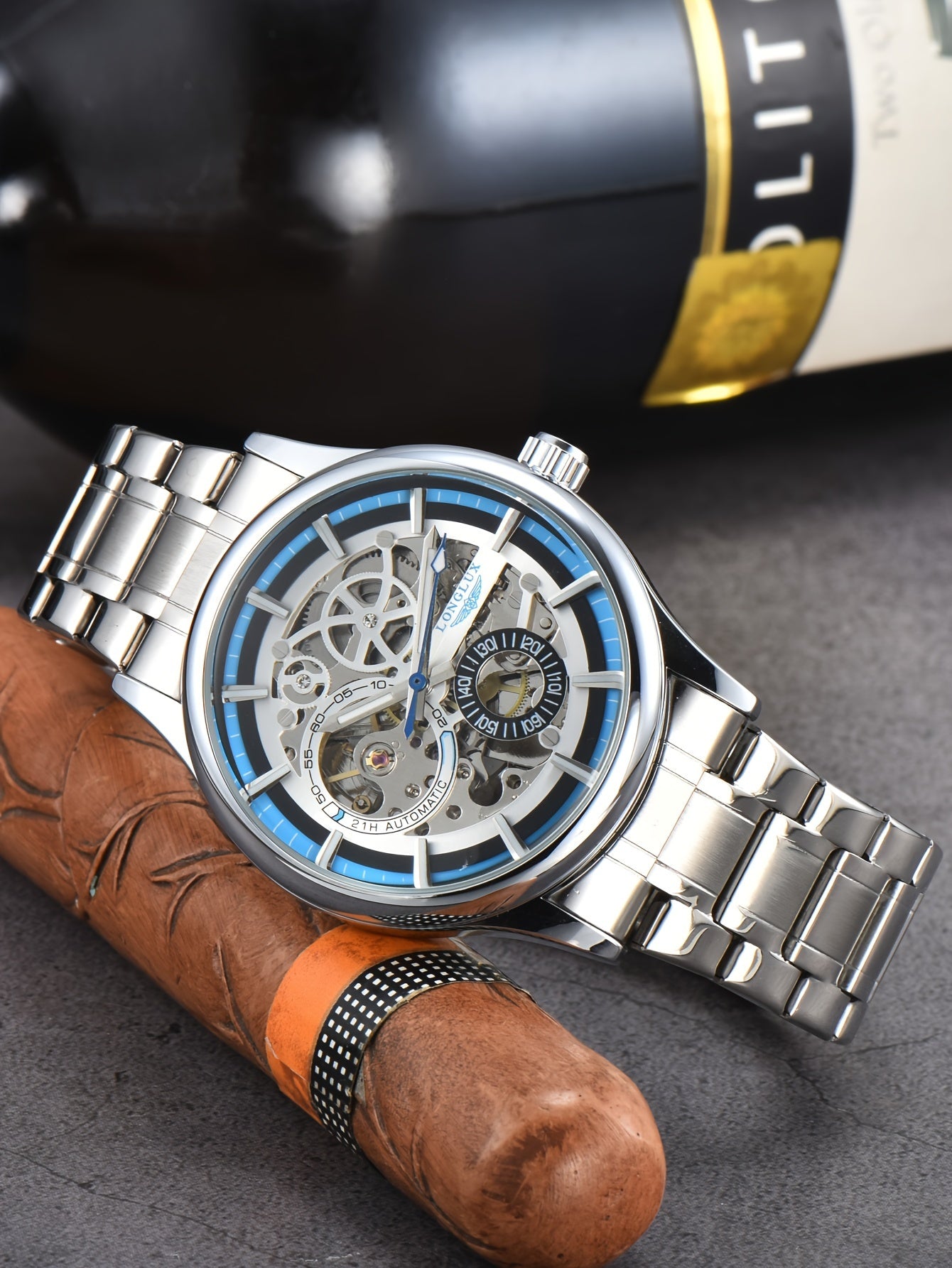 Men's Business Leisure Automatic Mechanical Watch, Stainless Steel with Blue Accents, Transparent Back, Date Display, Water-Resistant up to 10m, Ideal Gift, Business Watch | Mechanical Aesthetic | Stainless Steel Band
