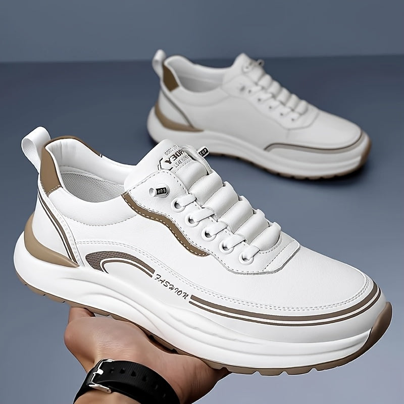 Men's Breathable Lightweight Casual Sneakers - Soft EVA Sole, White & Brown Low-Top Lace-Up Shoes for Casual Attire & Light Running, All-Season Comfort, Sleek Shoe Design, Daily Walking, Minimalist Style, Flexible Sole, Urban