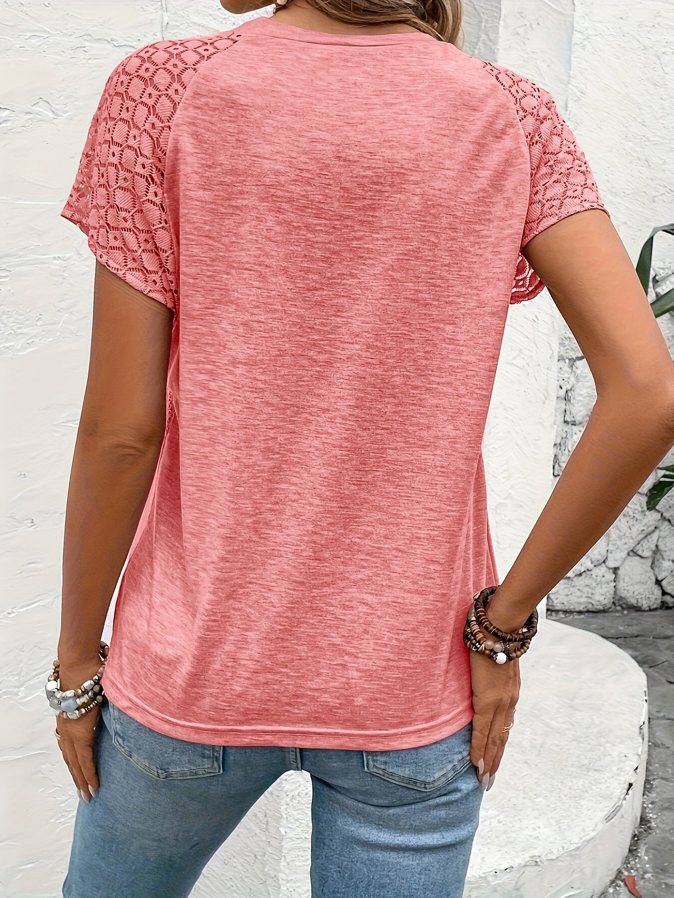 Women's Elegant Solid Color Lace Sleeve T-Shirt - Summer Casual Chic Blouse with Breathable Fabric, Machine Washable, Versatile for Casual & Formal Outfits, Cropped Tee Style | Soft Texture Top, Ladies T Shirts