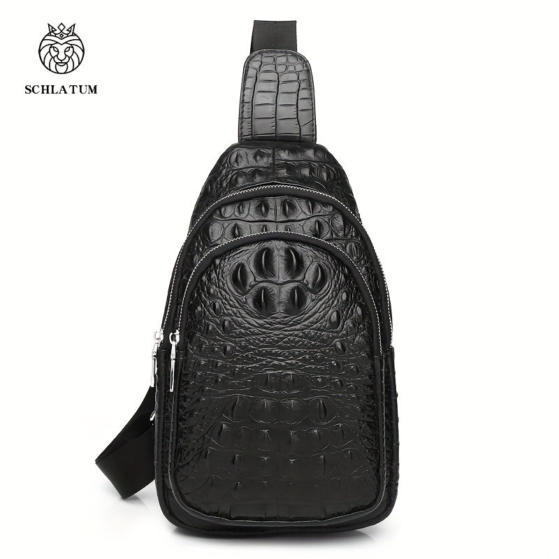 SCHLATUM Genuine Leather Crocodile Pattern Sling Bag - Black, Large-Capacity Multifunctional Crossbody Backpack for Travel, Sports & Camping, Stylish Zipper Closure Design