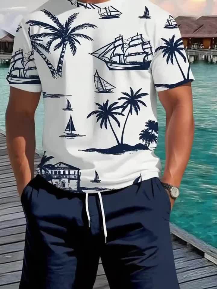 Men's 2025 Summer New Short Sleeve Shorts Set: Beach Casual 3D Coconut Tree Print, 2pcs Fashionable Palm Pattern T-Shirt and Shorts with Slight Stretch Polyester Knit Fabric, Slim Fit for Outdoor Activities & Family Gathering