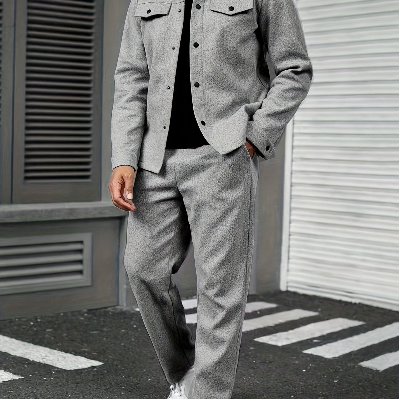 Men'S Two-Piece Casual Outfit - Black Button-Up Shirt & Pants, Long Sleeve, Loose Fit, Non-Stretch Fabric, Perfect for Spring/Fall, Casual Attire|Relaxed Fit|Buttonup Shirt