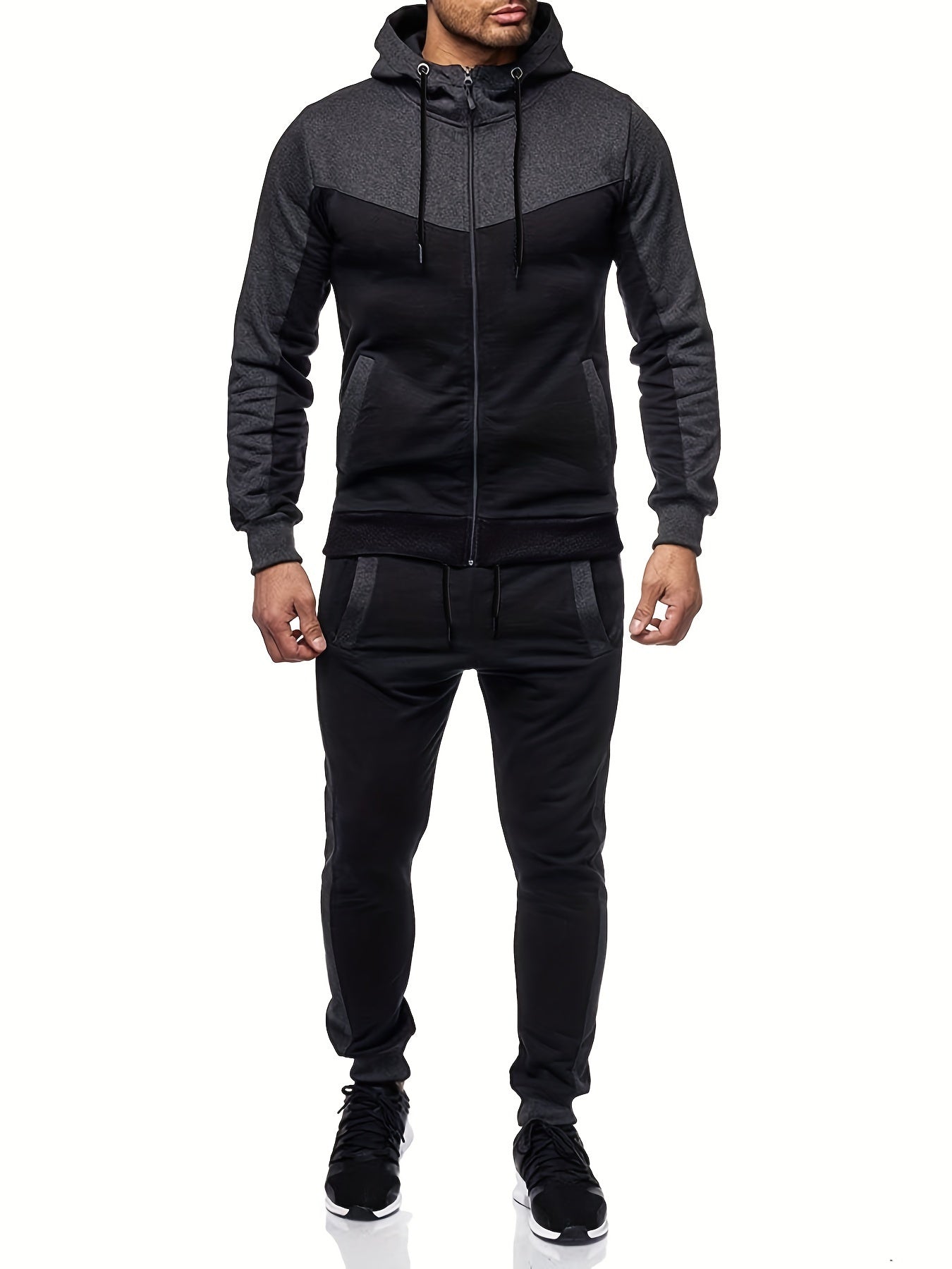 Men'S Casual Hoodie Set for Autumn And Winter, Featuring a Hooded Sweatshirt And a Sporty Cardigan in a Patchwork Design.